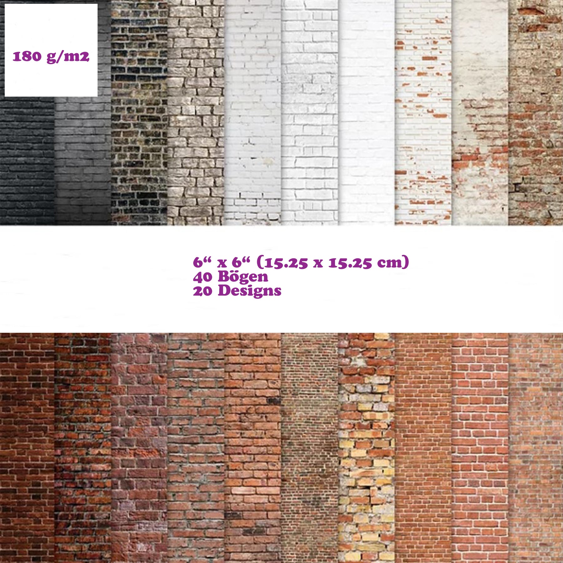 Crealive Premium Paper Pad 180 g/m2 - 6’’ x 6’’ - Brick Textures Inhalt: 40 Bogen 20 Designs beidseitig bedruckt Spezifikationen: 6’’ x 6’’ (15.25 cm x 15.25 cm) 180 g/m2 beidseitig bedruckt säure- und ligninfrei lässt sich super schneiden Dieses Paper Pad / Designpapier ist geeignet für: Karten-Verzierungen Verpackungs-Dekoration Plotten Scrapbooking