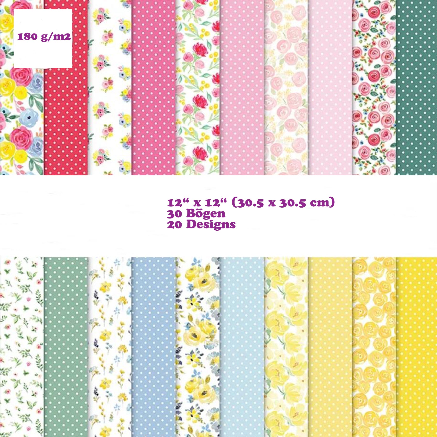 Crealive Premium Paper Pad 180 g/m2 - 12’’ x 12’’ - Bright Blooms Spezifikationen: 12’’ x 12’’ (30.5 cm x 30.5 cm) 180 g/m2 beidseitig bedruckt säure- und ligninfrei 20 Designs Inhalt: 30 Bogen 20 Designs beidseitig bedruckt Dieses Paper Pad / Designpapier ist geeignet für: Karten Karten-Verzierungen Kuverts Geschenkboxen & Verpackungen Plotten Scrapbooking
