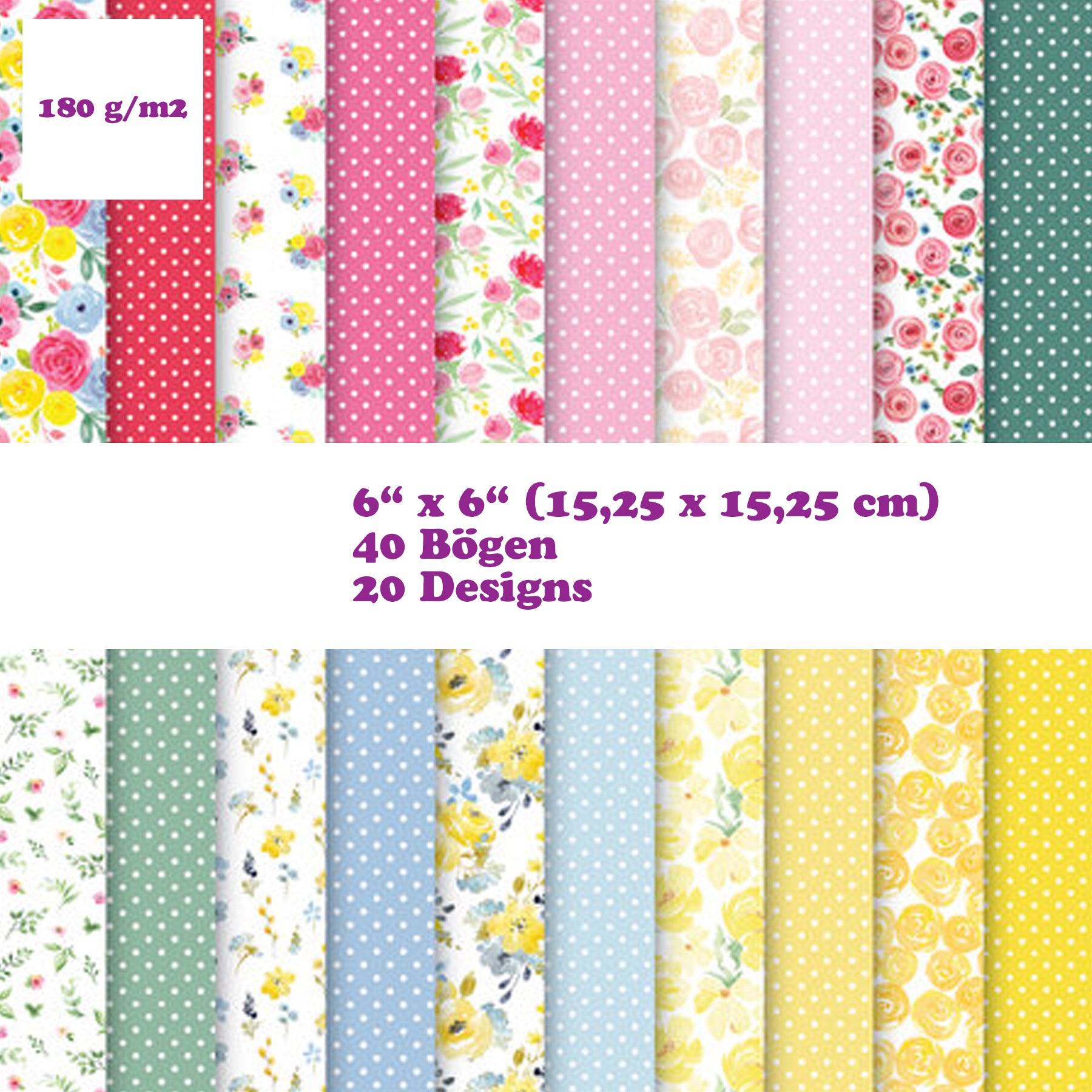 Crealive Premium Paper Pad 180 g/m2 - 6’’ x 6’’ - Bright Blooms Inhalt: 40 Bogen 20 Designs beidseitig bedruckt Spezifikationen: 6’’ x 6’’ (15.25 cm x 15.25 cm) 180 g/m2 beidseitig bedruckt säure- und ligninfrei lässt sich super schneiden Dieses Paper Pad / Designpapier ist geeignet für: Karten-Verzierungen Verpackungs-Dekoration Plotten Scrapbooking