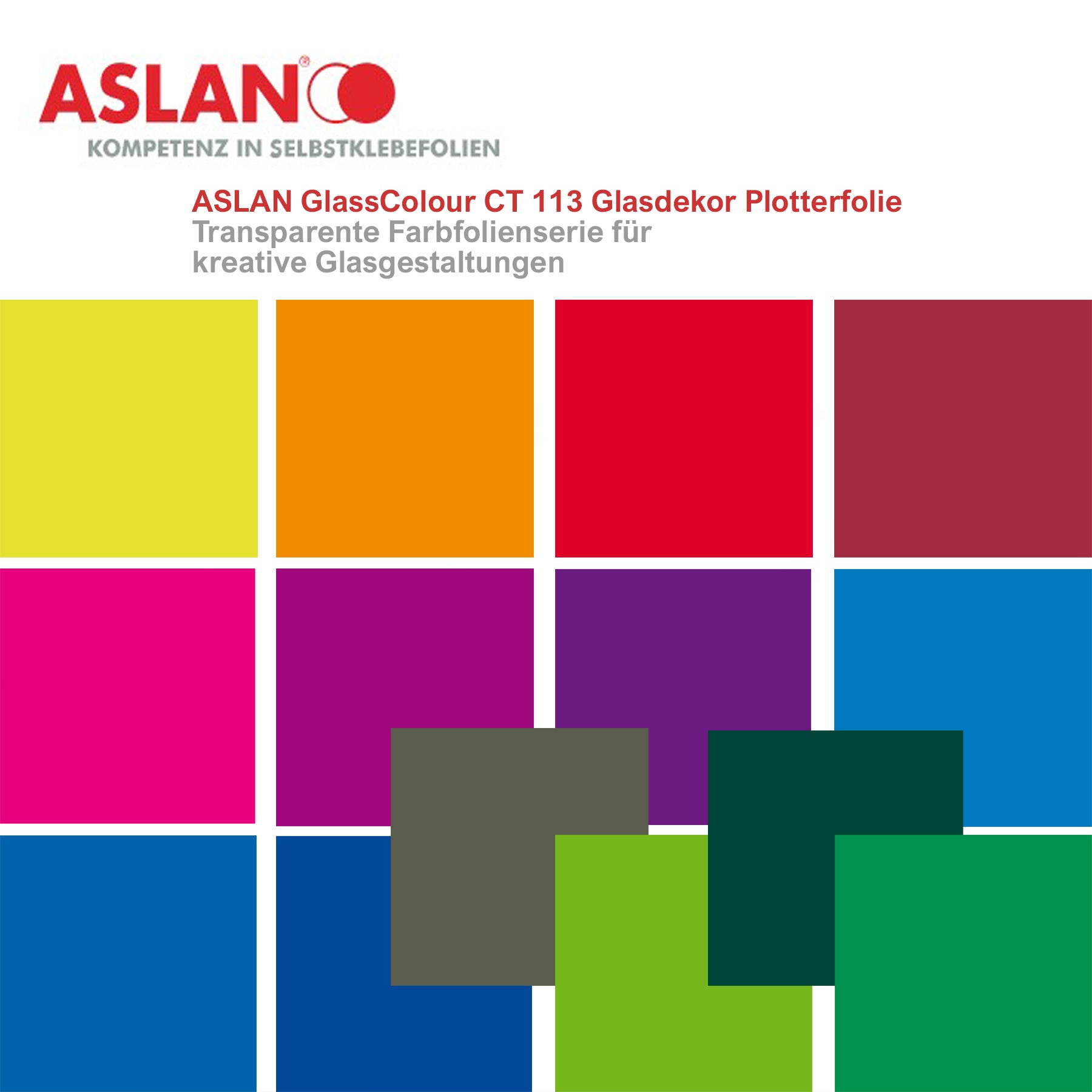 Crealive ASLAN GlassColour CT 113 Glasdekor Plotterfolie Transparente Farbfolienserie für kreative Glasgestaltungen Mithilfe dieser hochwertigen transparenten Farbfolienserie in 25 brillanten Farben (bei uns derzeit in 9 Farben) kannst Du Glasflächen im Innen- und Aussenbereich effektvoll gestalten. Die Selbstklebefolie bietet sowohl bei vollflächigen Verklebungen als auch bei Schriftzügen und geplotteten Motiven eine gute Durchsicht.