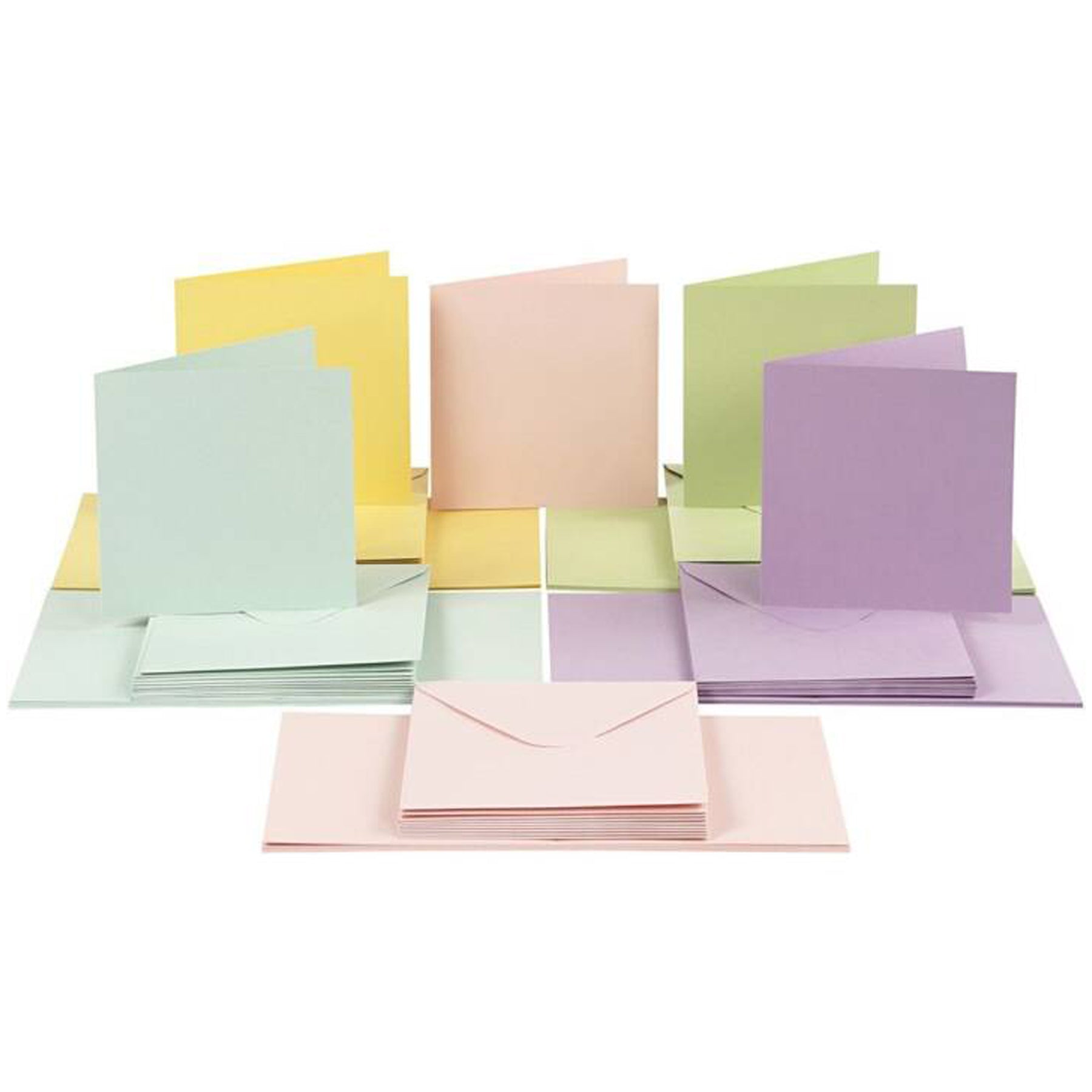 Crealive 50 Blanko Karten & Couverts - Pastell Inhalt: 50 Doppel Karten 50 Couverts Spezifikationen: Doppel-Karten Format: 15 x 15 cm (zusammengeklappt) Couvert Format: 16 x 16 mm Doppelkarten: 210 g/m2 Couvert: 130 g/m2 ohne Fenster Farben: 10 x Blau, 10 x Gelb, 10 x Rosa, 10 x Violett & 10 x Grün Nassklebung oder Lasche zum Einstecken beidseitig farbig (voll durchgefärbt)