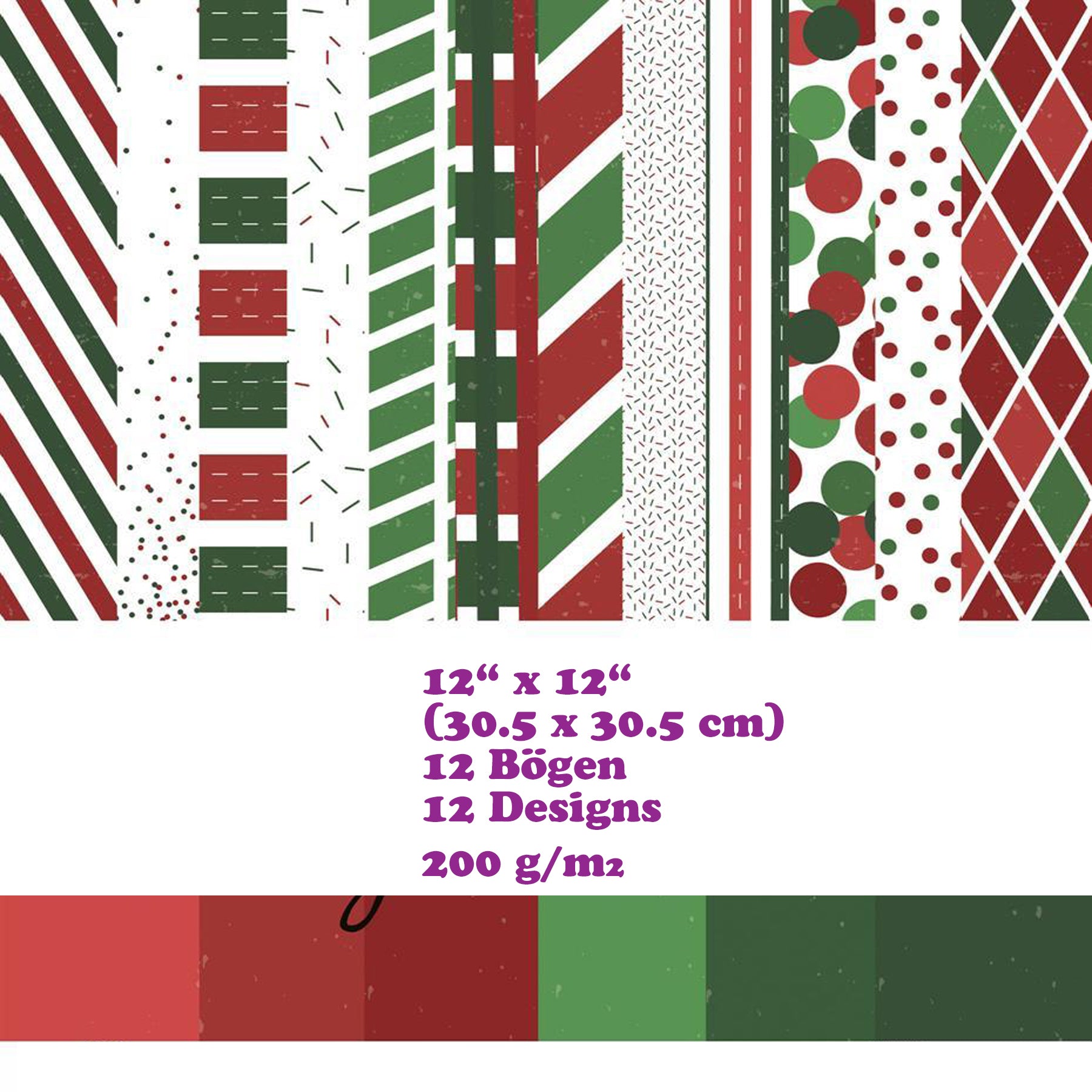 Crealive Paper Pad 200 g/m2 - 12’’ x 12’’ - Christmas Colours Inhalt: 12 Blatt 12 Designs Spezifikationen: 12’’ x 12’’ (30.5 cm x 30.5 cm) 200 g/m2 beidseitig bedruckt säure- und ligninfrei Dieses Paper Pad ist geeignet für: Karten Boxen 3D-Projekte Geschenkboxen & Verpackungen Plotten Scrapbooking