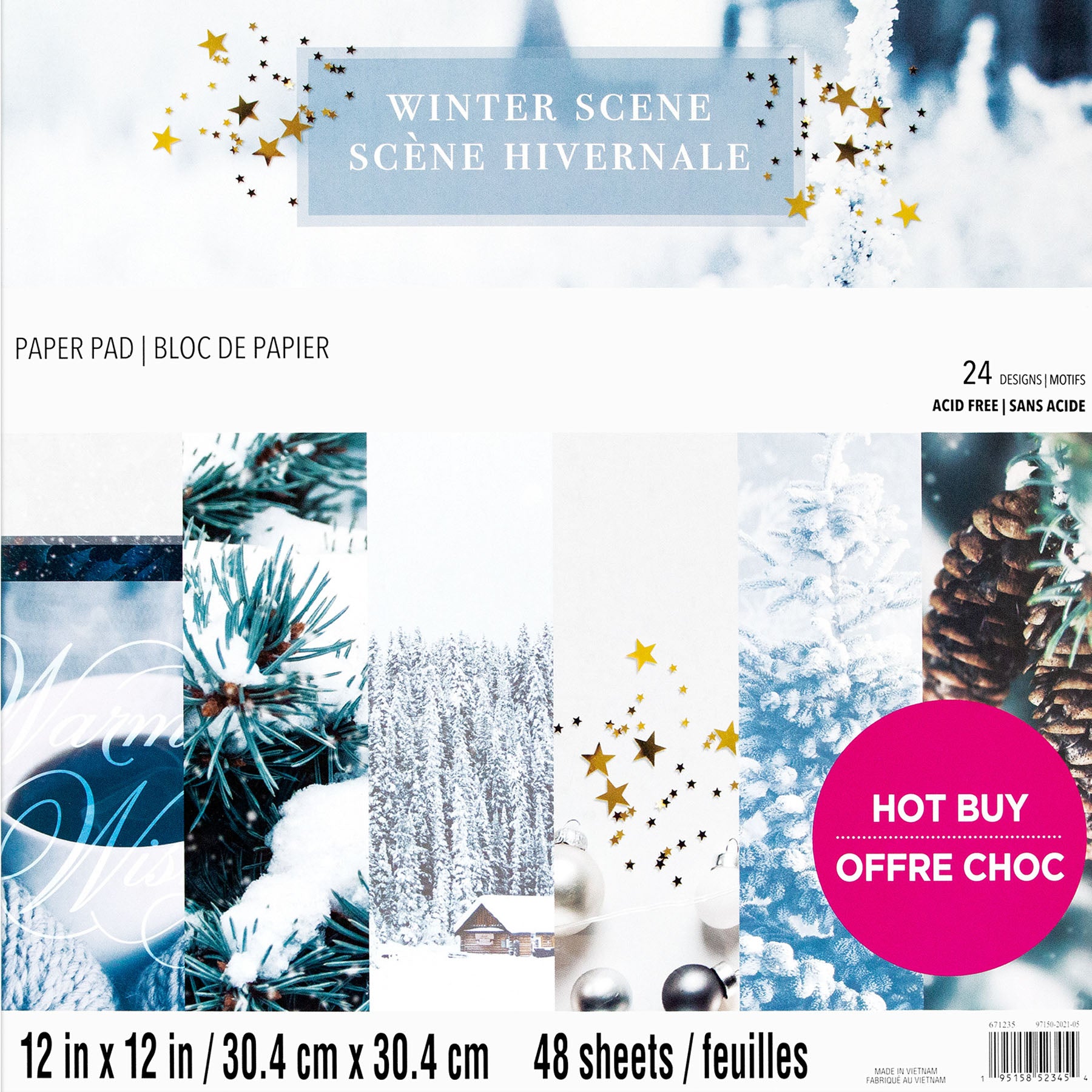 Crealive Designpapier 170 g/m2 - 12’’ x 12’’ - Winter Scene Inhalt: 48 Bogen 24 Designs einseitig bedruckt Spezifikationen: 12’’ x 12’’ (30.5 cm x 30.5 cm) 170 g/m2 einseitig bedruckt lässt sich gut schneiden säurefrei Dieses Designpapier / Motivpapier ist geeignet für: Karten Karten-Verzierungen Plotten Stanzen Prägen Scrapbooking