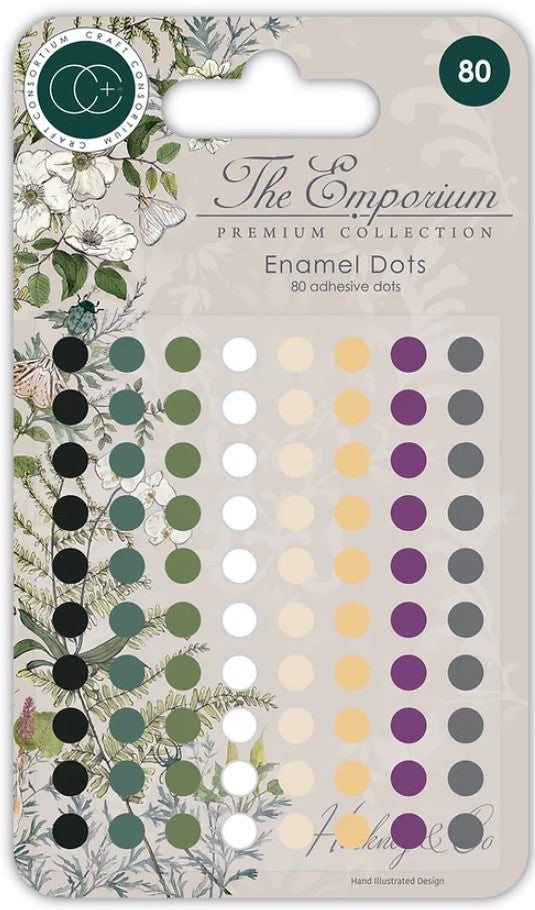 Crealive Selbstklebende Email Punkte - The Emporium Inhalt: 80 Punkte 10 Punkte pro Farbe einheitliche Grössen Selbstklebende Email Punkte sind geeignet für: Karten Karten-Verzierungen Plotten Scrapbooking Geschenke kleine Tüten