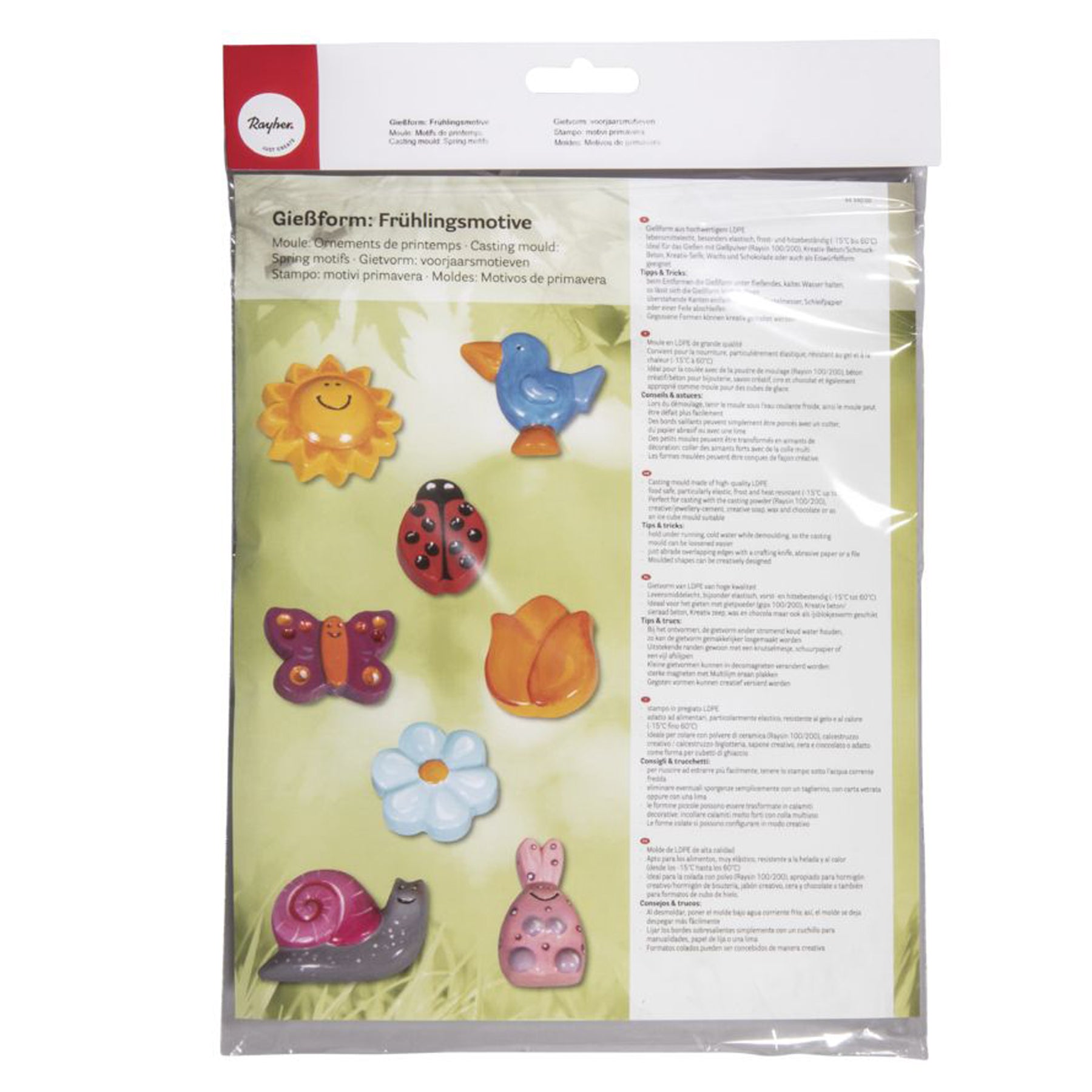 Crealive Giessform - Frühlingsmotive Inhalt: 1 Giessform mit 8 Frühlingsmotiven Spezifikationen: Material: LDPE Motivgrössen: 3 - 5 cm Grösse: 23.2 x 18.3 cm lebensmittelecht besonders elastisch frost- und hitzebeständig mehrfach verwendbar kann auch für Kreativ-Beton, Kreativ-Seife oder Schokolade verwendet werden hitzebeständig bis ca. 60° C