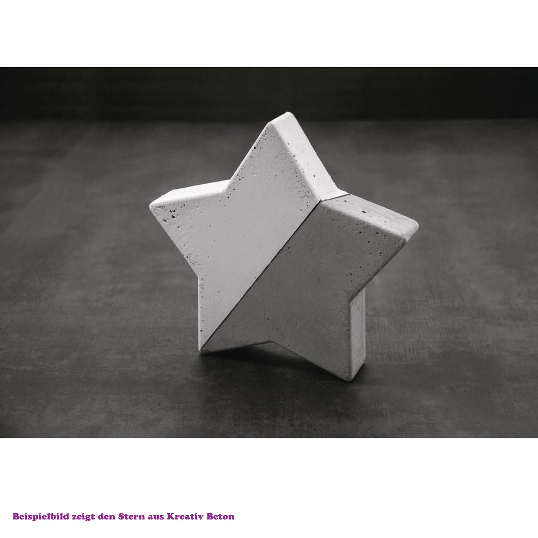 Crealive Giessform - Stern 11 cm Inhalt: 1 Giessform Stern Spezifikationen: Material: PET Durchmesser: 11 cm Tiefe: 3.5 cm Farbe: hochtransparent stabil wieder verwendbar kann auch für Kreativ-Beton Figuren verwendet werden Anleitung: Raysin anrühren Giessmasse in die Form giessen trocknen lassen aus der Form nehmen Grate gegebenenfalls mit Schleifpapier brechen auf Wunsch bemalen oder verzieren