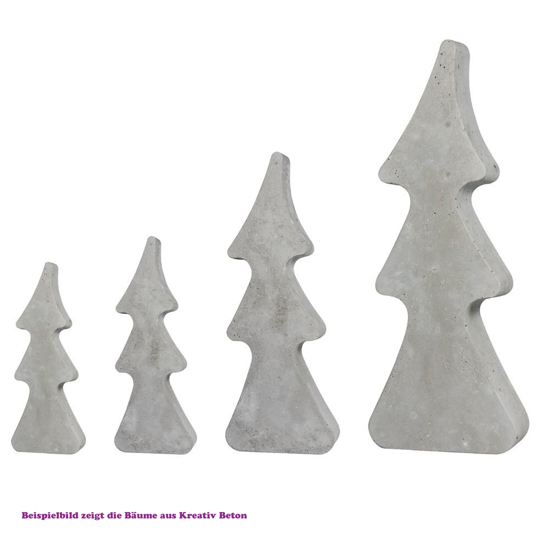 Crealive Giessform - Tannenbäume Inhalt: 1 Giessform mit 4 Tannenbäumen Spezifikationen: Material: PET Höhe: 8 - 16 cm Tiefe: 3 cm Farbe: hochtransparent stabil wieder verwendbar kann auch für Kreativ-Beton Figuren verwendet werden