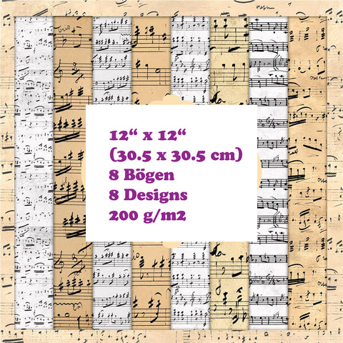 Crealive Paper Pad 200 g/m2 - 12’’ x 12’’ - Handwritten Music  Inhalt:  8 Blatt 8 Designs    Spezifikationen:  12’’ x 12’’ (30.5 cm x 30.5 cm) 200 g/m2 einseitig bedruckt Farben: Beigetöne-Brauntöne säure- und ligninfrei    Dieses Paper Pad ist geeignet für:  Karten Boxen 3D-Projekte Geschenkboxen & Verpackungen Plotten Scrapbooking