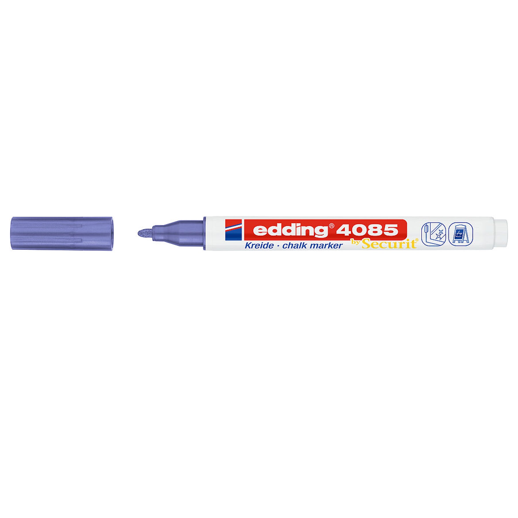 Crealive edding Kreidemarker - Violett Metallic Inhalt: 1 Kreidemarker Spezifikationen: Rundspitze 1-2 mm Farbe: Violett Metallic nicht-permanent die deckende, geruchsneutrale Flüssigkreide auf Wasserbasis kann von fast allen geschlossenen Oberflächen mit einem feuchten Tuch abgewischt werden schütteln und pumpen Tinte auf Wasserbasis