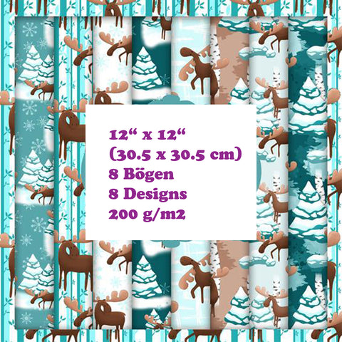 Crealive Paper Pad 200 g/m2 - 12’’ x 12’’ - Moose Christmas  Inhalt:  8 Blatt 8 Designs    Spezifikationen:  12’’ x 12’’ (30.5 cm x 30.5 cm) 200 g/m2 einseitig bedruckt säure- und ligninfrei    Dieses Paper Pad ist geeignet für:  Karten Boxen 3D-Projekte Geschenkboxen & Verpackungen Plotten Scrapbooking