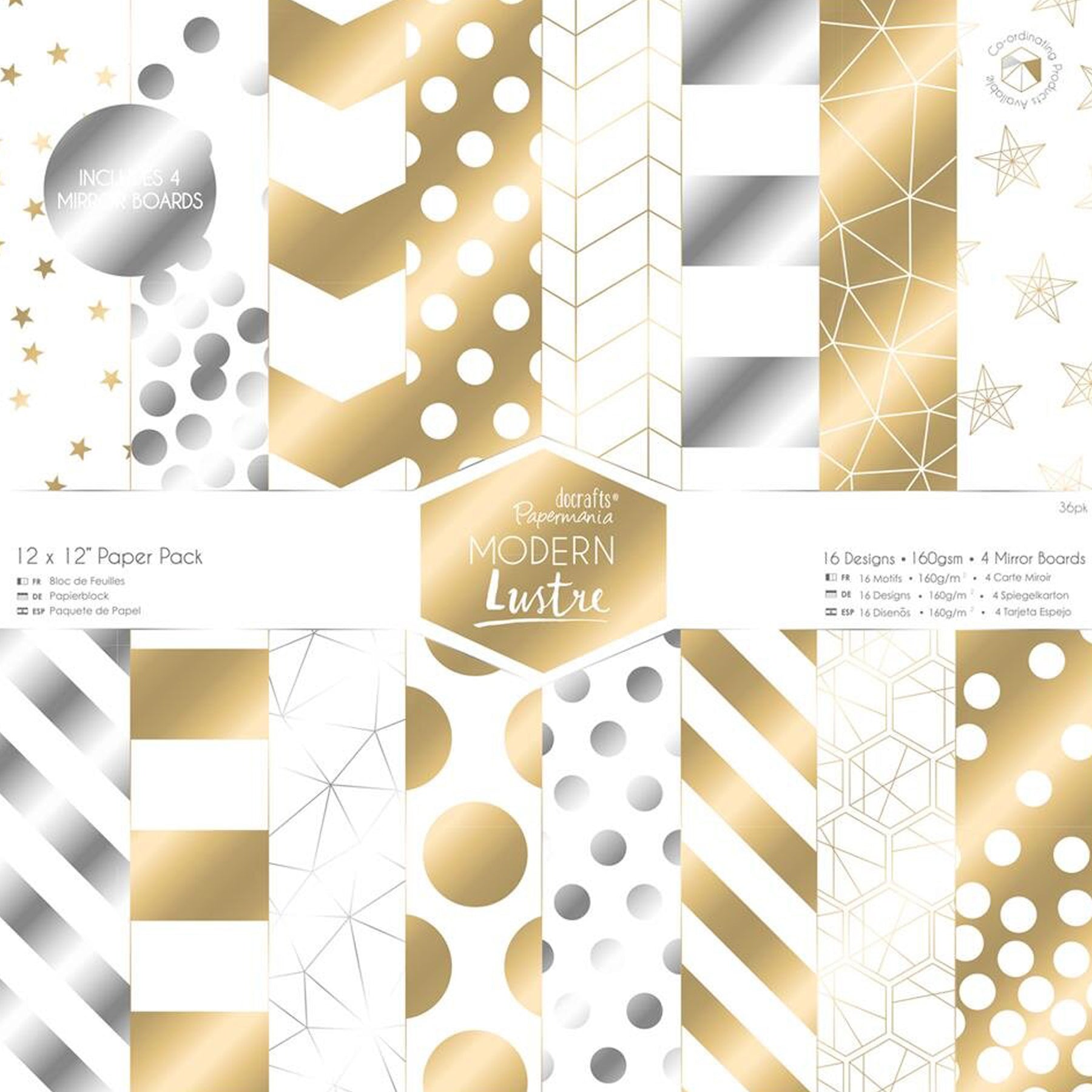 Crealive Paper Pad 160 g/m2 - 12’’ x 12’’ - Modern Lustre Inhalt: 32 Bogen 16 Designs 4 Spiegelkarton Spezifikationen: 12’’ x 12’’ (30.5 cm x 30.5 cm) 160 g/m2 Designpapier/Paper Pad ist geeignet für: Karten Boxen 3D-Projekte Geschenkboxen & Verpackungen Plotten Scrapbooking