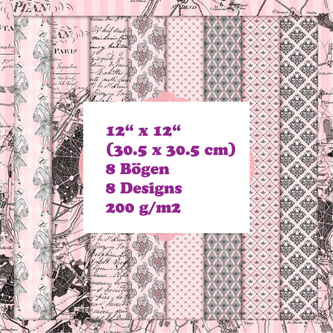 Crealive Paper Pad 200 g/m2 - 12’’ x 12’’ - Pink Paris  Inhalt:  8 Blatt 8 Designs    Spezifikationen:  12’’ x 12’’ (30.5 cm x 30.5 cm) 200 g/m2 einseitig bedruckt säure- und ligninfrei    Dieses Paper Pad ist geeignet für:  Karten Boxen 3D-Projekte Geschenkboxen & Verpackungen Plotten Scrapbooking
