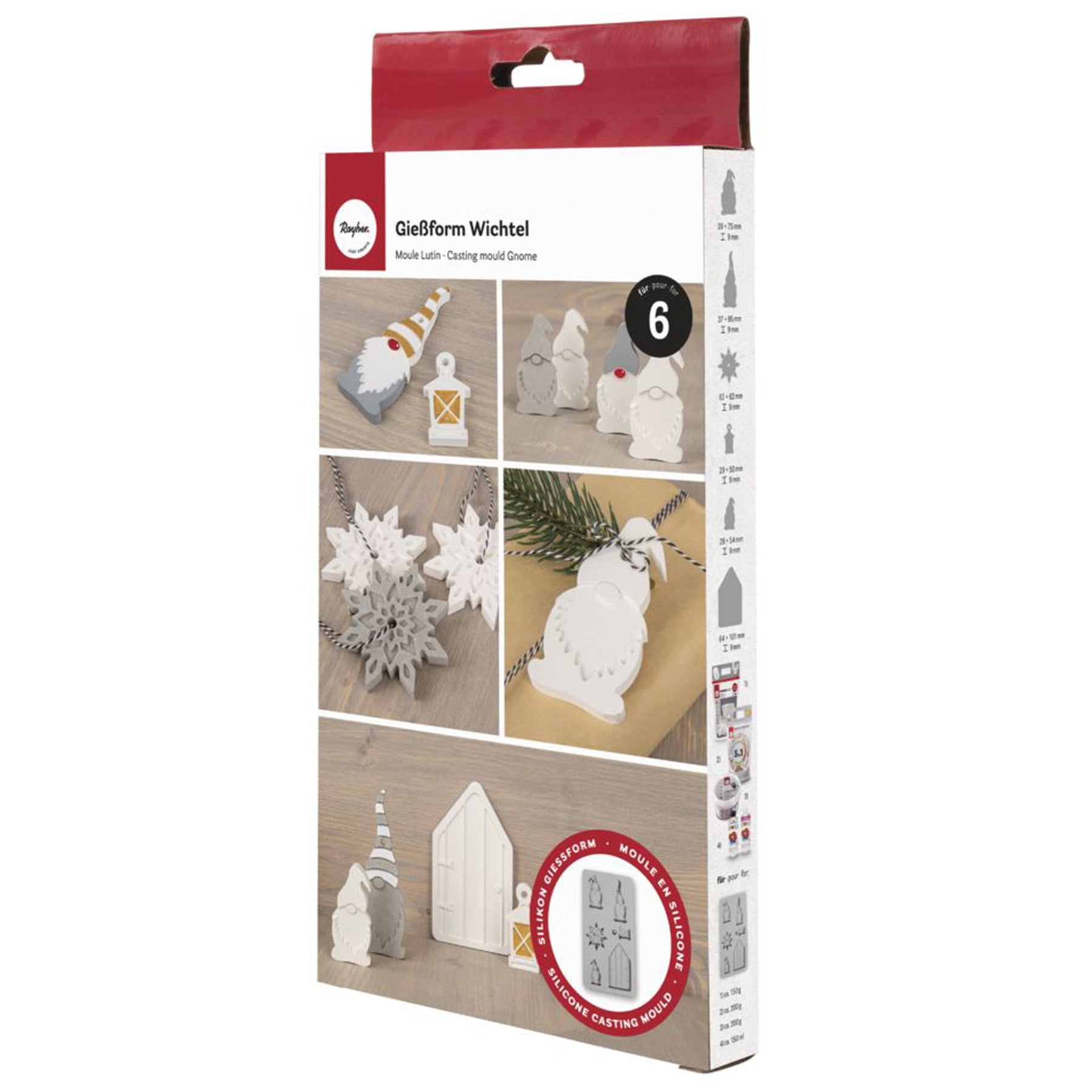 Crealive Silikon Giessform - Wichtel Inhalt: 1 Giessform mit 6 Motiven Spezifikationen: Material: hochwertiges Silikon Formgrösse: 14.5 x 26 cm Motivgrössen: Wichtel dick 39 x 75 mm Wichtel lang 37 x 95 mm Mini-Wichtel 28 x 54 mm Laterne 29 x 50 mm Schneeflocke 62 x 62 mm Tür 64 x 101 mm maximale Höhe 9 mm NICHT geeignet für Lebensmittel äusserst elastisch formstabil frost- und hitzebeständig (-40° bis +240°)