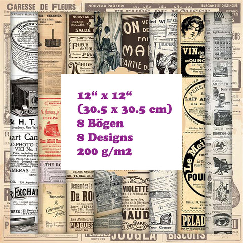 Crealive Paper Pad 200 g/m2 - 12’’ x 12’’ - Vintage Newspaper  Inhalt:  8 Blatt 8 Designs    Spezifikationen:  12’’ x 12’’ (30.5 cm x 30.5 cm) 200 g/m2 einseitig bedruckt säure- und ligninfrei    Dieses Paper Pad ist geeignet für:  Karten Boxen 3D-Projekte Geschenkboxen & Verpackungen Plotten Scrapbooking