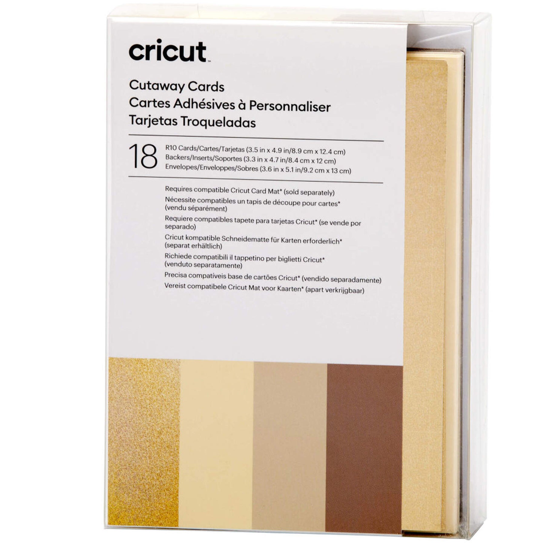 Cricut Cutaway Karten R10 - 18 Stück - Neutrals Inhalt: 18 Karten im Format 3.5" x 4.9" (8.9 cm x 12.4 cm) (zusammengeklappt) - Kartenfarben: 6 x Gray, 6 x Khaki, 6 x Cream 18 Einlagen im Format 3.3" x 4.7" (8.4 cm x 12 cm) - Einlagefarbe: Gold holografisch 18 Umschläge in 3.6" x 5.1" (9.2 cm x 13 cm) - Farbe: Weiss Cricut Cut-Away Karten sind geeignet für: Karten Einladungen