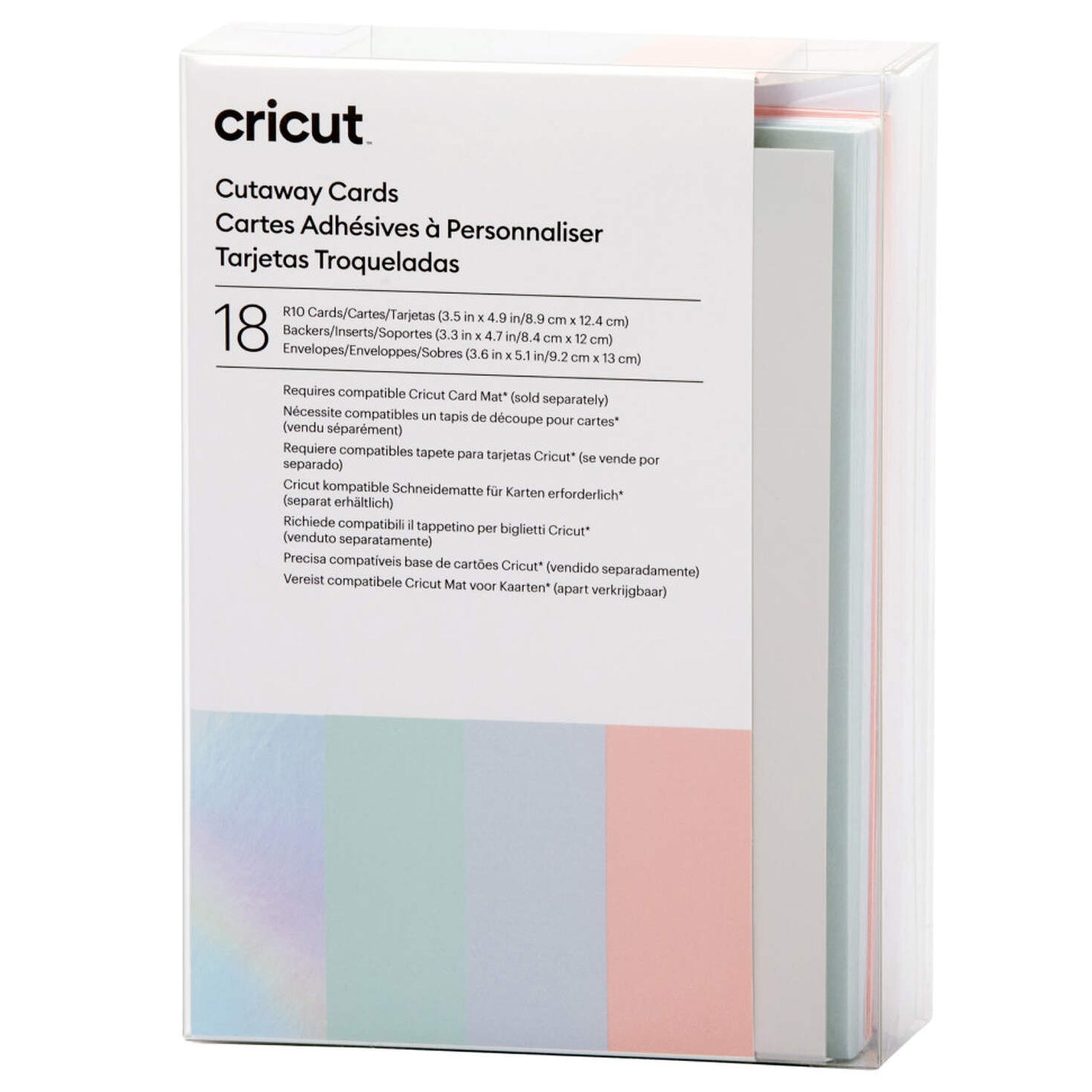 Cricut Cutaway Karten R10 - 18 Stück - Pastel Inhalt: 18 Karten im Format 3.5" x 4.9" (8.9 cm x 12.4 cm) (zusammengeklappt) - Kartenfarben: 6 x Tulip, 6 x Powder Blue, 6 x Whispering Blue 18 Einlagen im Format 3.3" x 4.7" (8.4 cm x 12 cm) - Einlagefarbe: Matt silber holografisch 18 Umschläge in 3.6" x 5.1" (9.2 cm x 13 cm) - Farbe: Weiss Cricut Cut-Away Karten sind geeignet für: Karten Einladungen