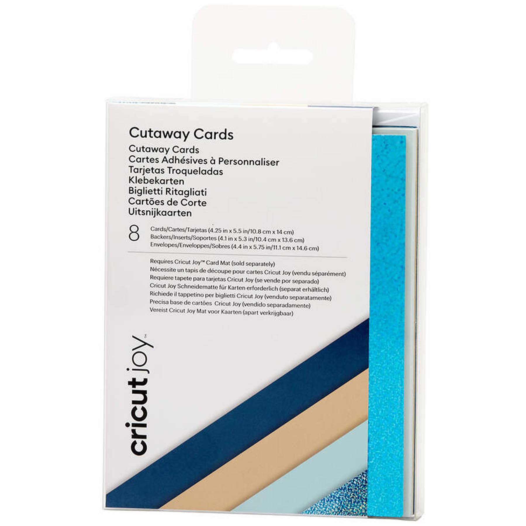 Crealive Cricut Joy Cutaway Karten R20 - 8 Stück - Marina Inhalt: 8 Karten im Format 4.25" x 5.5" (10.8 cm x 14 cm) (zusammengeklappt) - Kartenfarben: 3 x Midnight Blue, 2 x Khaki, 3 x Whispering Blue 8 Einlagen im Format 4.1" x 5.3" (10.4 cm x 13.6 cm) - Einlagefarbe: Blau holografisch 8 Umschläge in 4.37" x 5.75" (11 cm x 14.6 cm) - Farbe: Weiss Cricut Joy Cut-Away Karten sind geeignet für: Karten Einladungen
