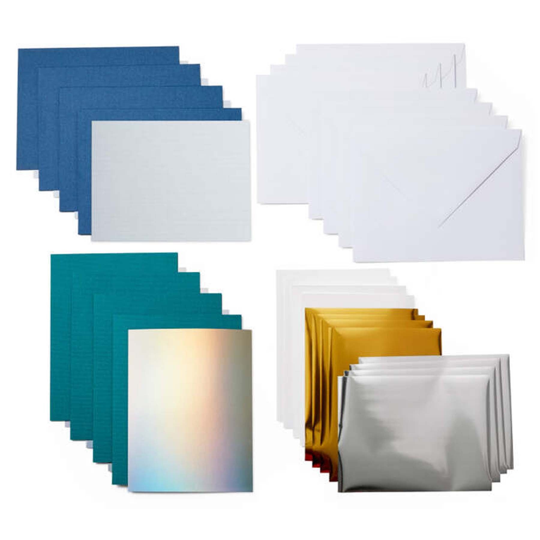 Crealive Cricut Joy Einlegekarten R20 - 8 Stück - Blue Lagoon Foil Transfer Inhalt: 8 Karten Format 4.25" x 5.5" (10.8 cm x 14.0 cm) (zusammengeklappt) - Kartenfarben: 4 Midnight Blue und 4 Deep Teal 8 Einlagen im Format 4" x 5.25" (10.2 cm x 13.3 cm) - Einlagefarben: 4 Silver Matte Holographic & 4 Powder Blue 8 Transferfolien im Format 3.75" x 5" (9.5 cm x 12.7 cm) - 4 Gold & 4 Silber 8 Umschläge in 4.4" x 5.75" (11.1 cm x 14.6 cm) - Farbe: Weiss