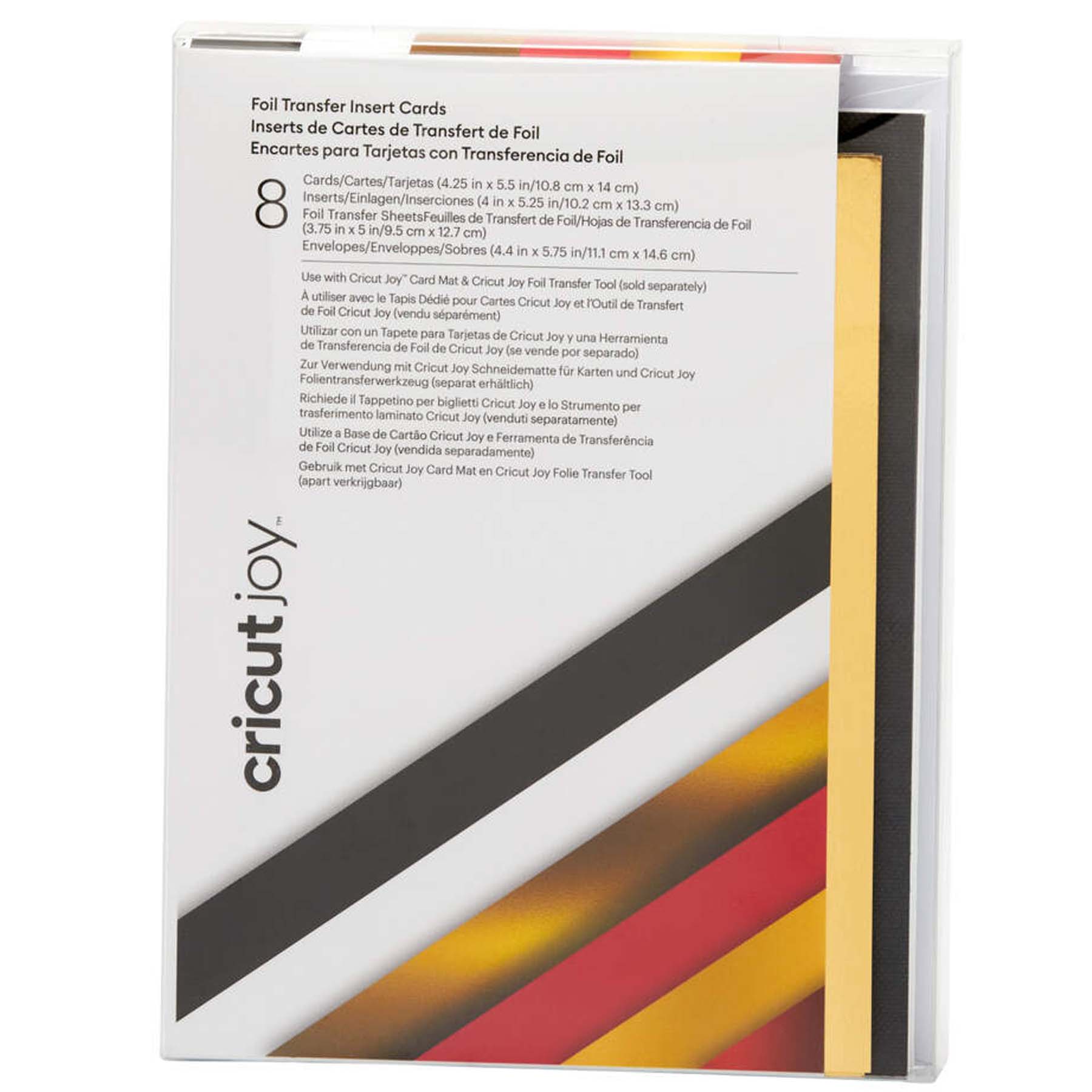 Crealive Cricut Joy Einlegekarten R20 - 8 Stück - Royal Flush mit Foil Transfer Inhalt: 8 Karten im Format 4.25" x 5.5" (10.8 cm x 14.0 cm) (zusammengeklappt) - Kartenfarben: 4 Schwarz und 4 Weiss 8 Einlagen im Format 4" x 5.25" (10.2 cm x 13.3 cm) - Einlagefarben: 4 Gold Metallic und 4 Burnt Red 8 Transferfolien im Format 3.75" x 5" (9.5 cm x 12.7 cm) - 4 Gold & 4 Rot 8 Umschläge in 4.4" x 5.75" (11.1 cm x 14.6 cm) - Farbe: Weiss Cricut Joy Einlegekarten sind geeignet für: Karten Einladungen