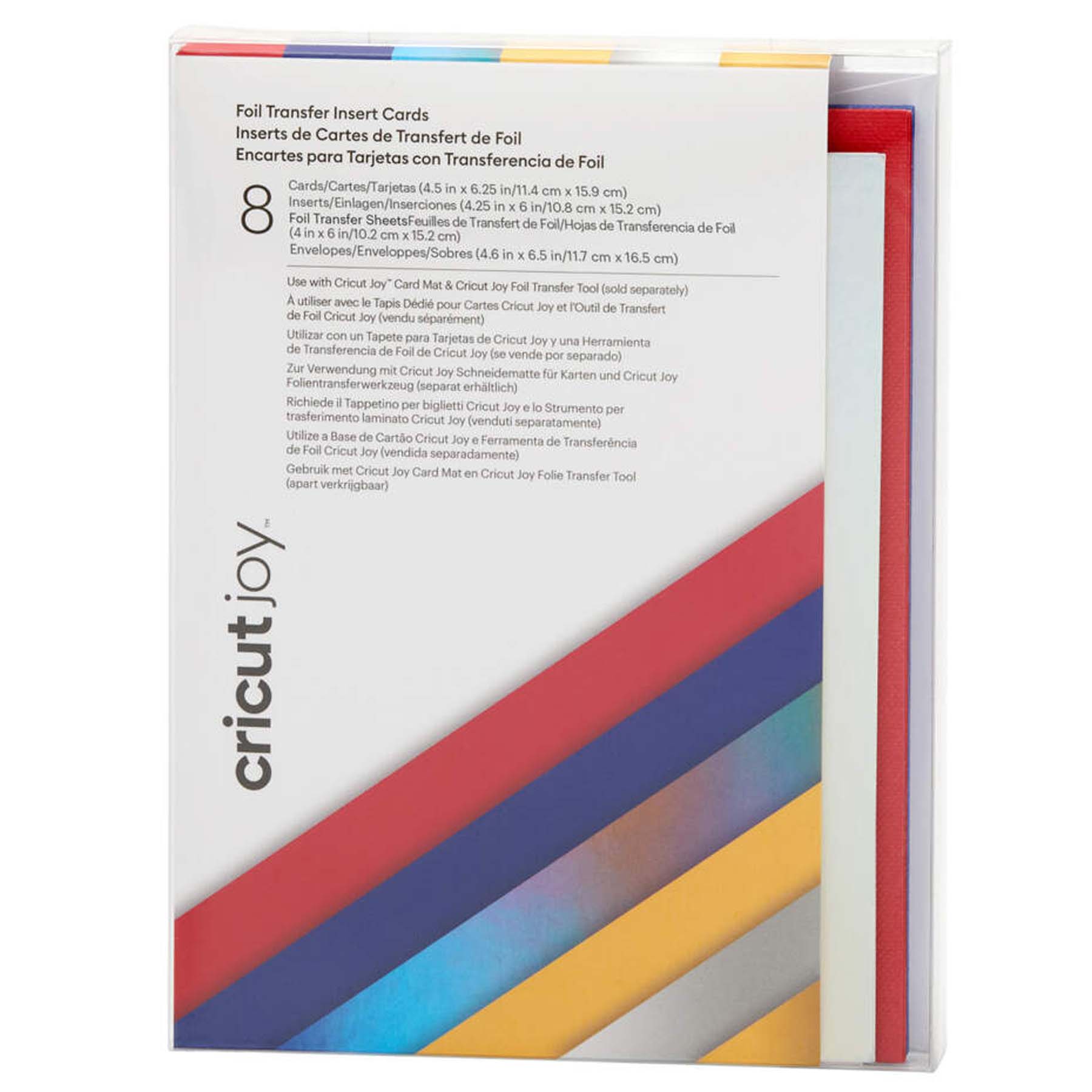 Crealive Cricut Joy Einlegekarten R30 - 8 Stück - Celebration mit Foil Transfer Inhalt: 8 Karten im Format 4.5" x 6.25" (11.4 cm x 15.9 cm) (zusammengeklappt) / Kartenfarben: 4 Rot und 4 Blau 8 Einlagen im Format 4.25" x 6" (10.8 cm x 15.2 cm)/ Einlagefarben: 4 Silver Holographic & 4 Maize 8 Transferfolien im Format 4" x 6" (10.2 cm x 15.2 cm): 4 Gold & 4 Silber 8 Umschläge in 4.6" x 6.5" (11.7 cm x 16.5 cm) / Farbe: Weiss Cricut Joy Einlegekarten sind geeignet für: Karten Einladungen
