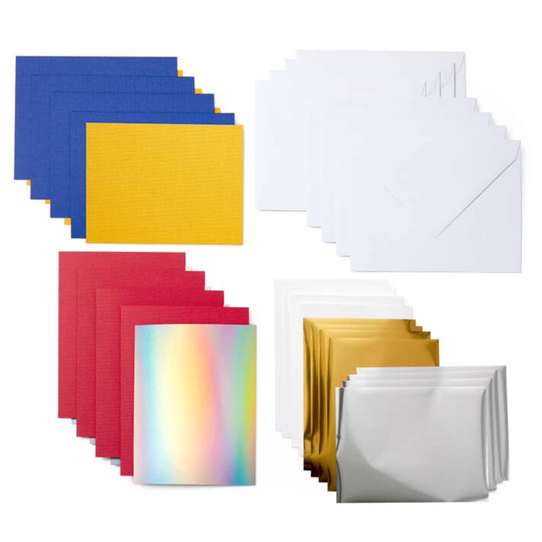 Crealive Cricut Einlegekarten R10 - 18 Stück - Celebration mit Foil Transfer Inhalt: 18 Karten im Format 3.5" x 4.9" (8.9 cm x 12.4 cm) (zusammengeklappt) - Kartenfarben: 9 Rot und 9 Blau 18 Einlagen im Format 3.25" x 4.6" (8.2 cm x 11.7 cm) - Einlagefarben: 9 Silver Holographic & 9 Maize 18 Transferfolien im Format 3" x 4.4" (7.6 cm x 11.1 cm) - 9 Gold & 9 Silber 18 Umschläge in 3.6" x 5.1" (9.2 cm x 13 cm) - Farbe: Weiss Cricut Joy Einlegekarten sind geeignet für: Karten Einladungen