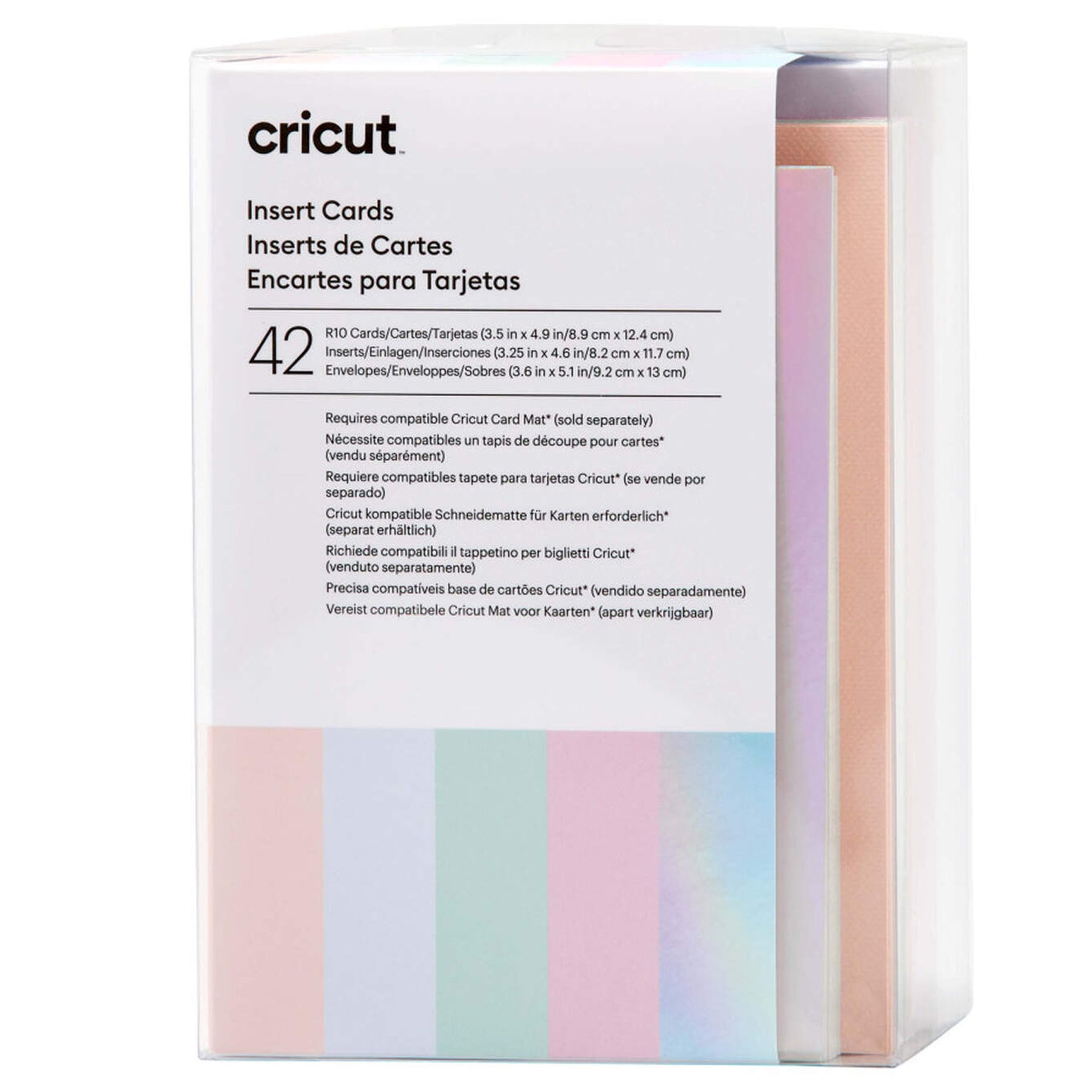 Crealive Cricut Einlegekarten R10 - 42 Stück - Princess Inhalt: 42 Karten im Format 3.5" x 4.9" (8.9 cm x 12.4 cm) (zusammengeklappt) - Kartenfarben: 11 x Tulpe, 11 x Puderblau, 10 x Whispering Blue und 10 x Lavendel 42 Einlagen im Format 3.25" x 4.6" (8.2 cm x 11.7 cm) - Einlagefarbe: Silber holografisch 42 Umschläge in 3.6" x 5.1" (9.2 cm x 13 cm) - Farbe: Weiss Cricut Einlegekarten sind geeignet für: Karten Einladungen Anleitung: Design auswählen Karte auf die Kartenmatte 2x2 Schneiden
