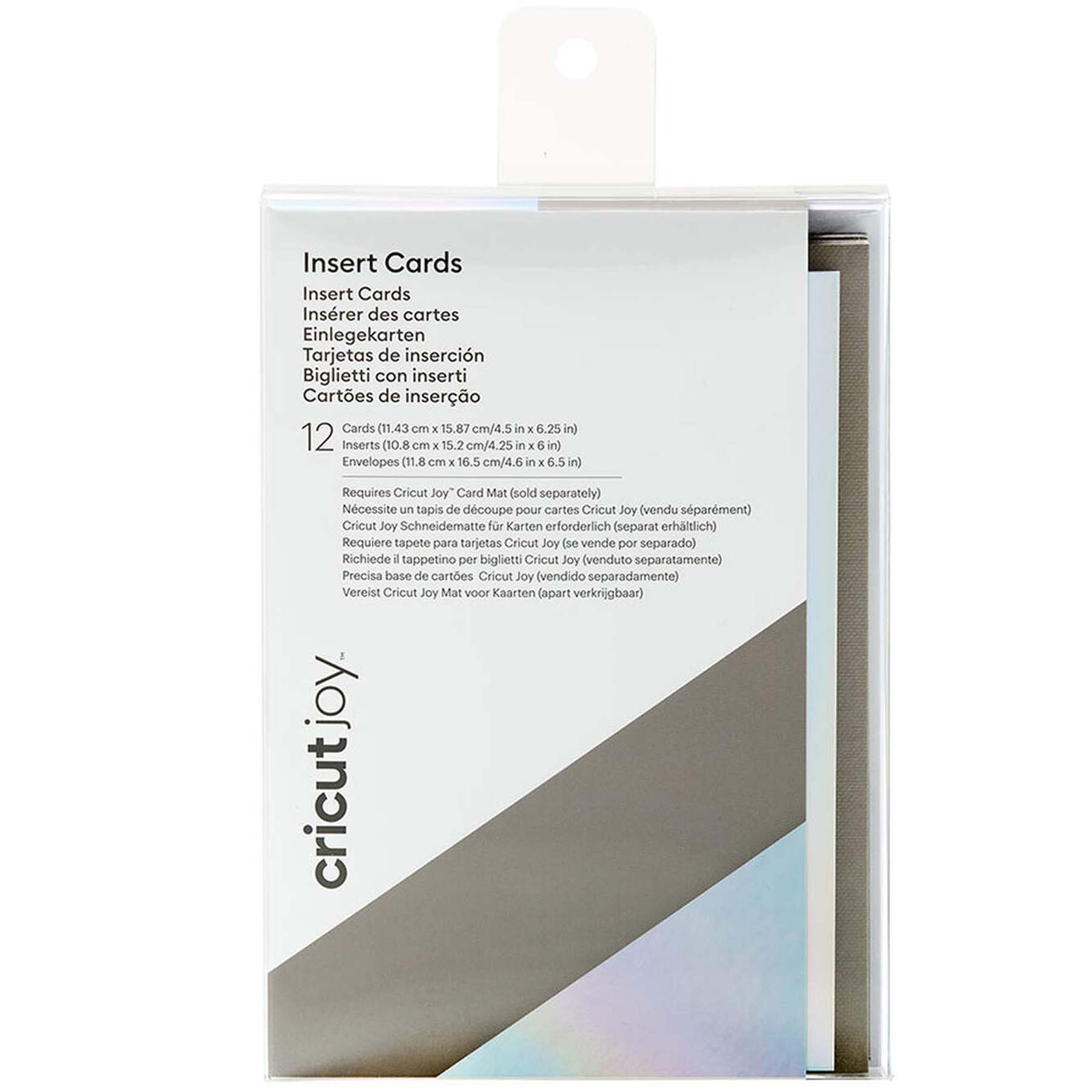 Crealive Cricut Joy Einlegekarten R30 - 12 Stück - Grau / Silber Holografisch Inhalt: 12 Karten im Format 4.5" x 6.25" (11.43 cm x 15.87 cm) (zusammengeklappt) Kartenfarbe: Grau 12 Einlagen im Format 4.25" x 6" (10.8 cm x 15.2 cm) - Einlagefarbe: Silber Holografisch 12 Umschläge in 4.6" x 6.5" (11.8 cm x 16.5 cm) - Farbe: Weiss Cricut Joy Einlegekarten sind geeignet für: Karten Einladungen