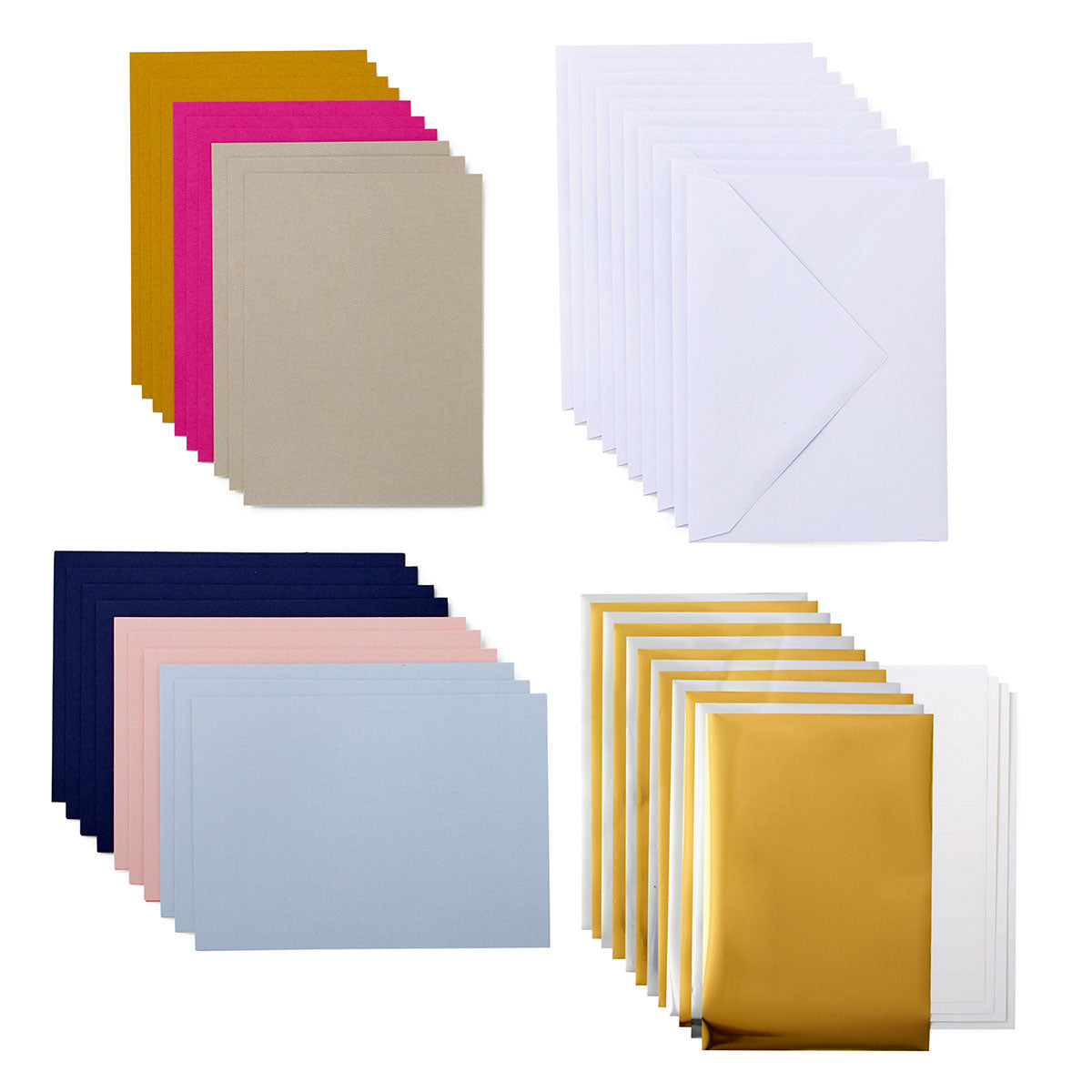 Cricut Joy Einlegekarten - 10 Stück - Sensei mit Foil Transfer Inhalt: 10 Karten im Format 11,43 cm x 15,9 cm (zusammengeklappt) / Kartenfarben: 4 Twilight, 3 Tulip und 3 Powder Blue 10 Einlagen im Format 10,8 cm x 15,2 cm / Einlagefarben: 4 Mustard, 3 Party Pink & 3 Khaki 10 Umschläge in 11,6 cm x 16,5 cm / Farbe: Weiss 10 Transferfolien: 5 Gold & 5 Silber