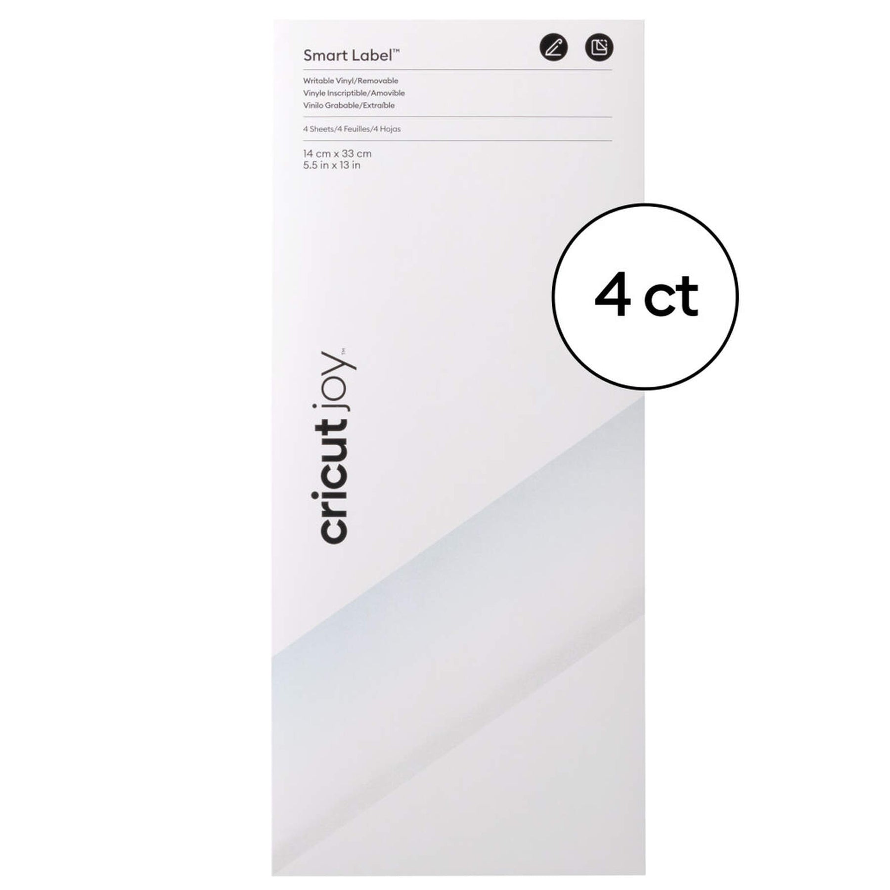Crealive Cricut Joy Smart Label beschreibbare Vinylfolie ablösbar - Transparent Inhalt: 4 Bögen Spezifikationen: Grösse: 14 cm x 33 cm (5,5" x 13") selbstklebend funktioniert ohne Schneidematte - einfach einlegen und loslegen! individuell gestaltbar mit Cricut Joy™ Stiften* langlebig und dennoch leicht von Oberflächen abzulösen nicht mit Transferklebeband verwenden für Cricut Joy * Cricut Joy Gelstifte werden nicht empfohlen