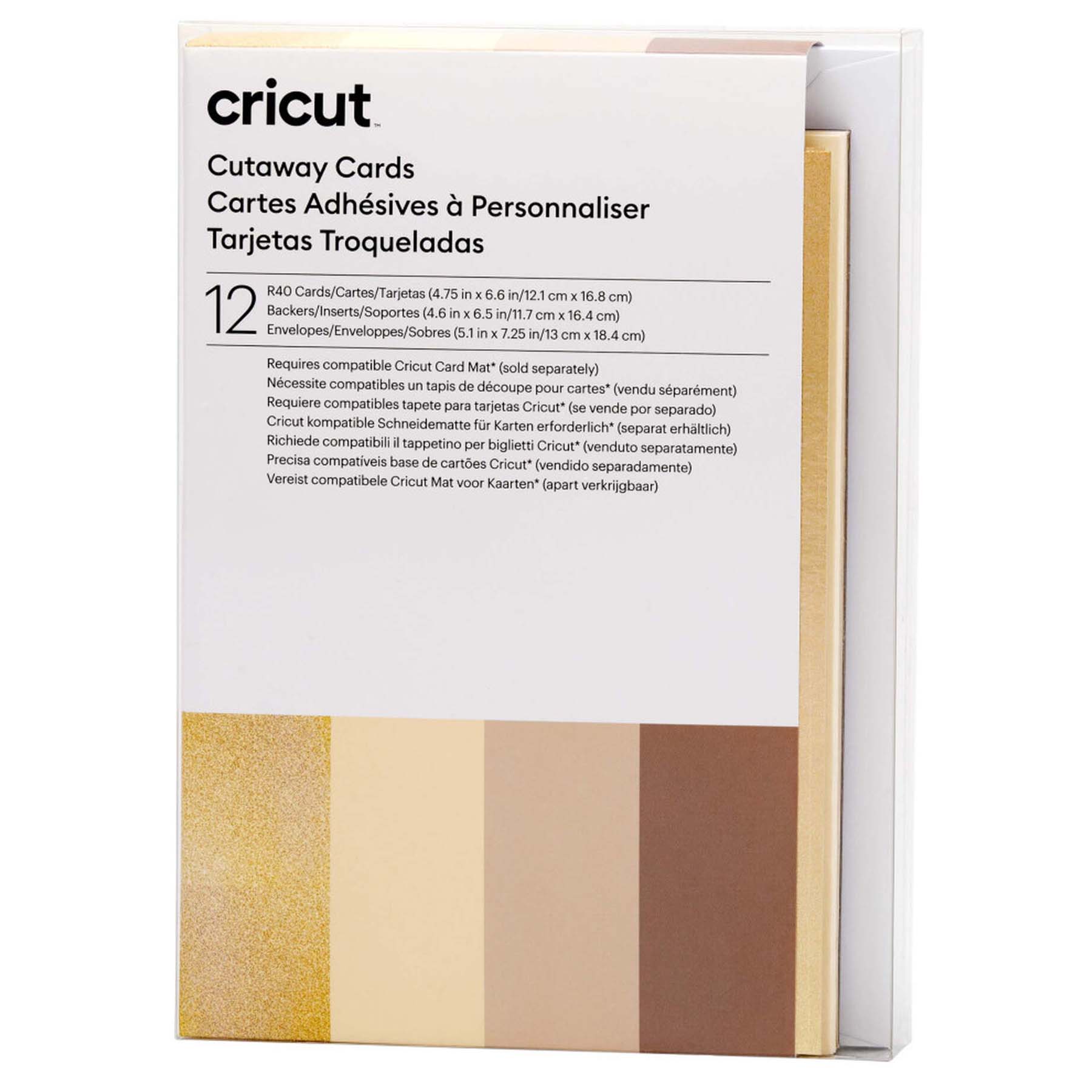Crealive Cricut Cutaway Karten R40 - 12 Stück - Neutrals Inhalt: 12 Karten im Format 4.75" x 6.6" (12.1 cm x 16.8 cm) (zusammengeklappt) - Kartenfarben: 4 x Grau, 4 x Khaki, 4 x Creme 12 Einlagen im Format 4.6" x 6.5" (11.7 cm x 16.4 cm) - Einlagefarbe: Gold holografisch 12 Umschläge in 5.1" x 7.25" (13 cm x 18.4 cm) - Farbe: Weiss Cricut Cut-Away Karten sind geeignet für: Karten Einladungen