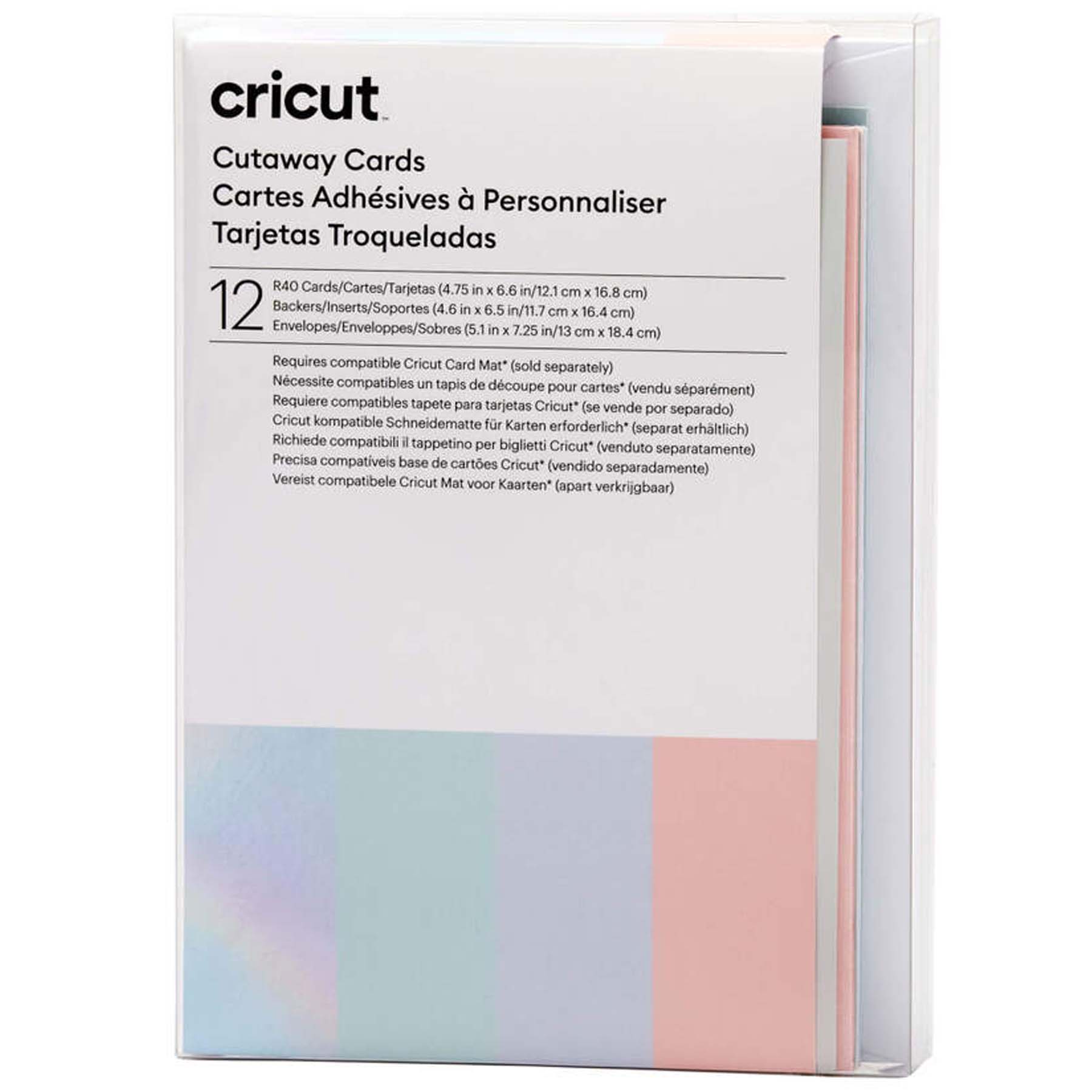 Crealive Cricut Cutaway Karten R40 - 12 Stück - Pastel Inhalt: 12 Karten im Format 4.75" x 6.6" (12.1 cm x 16.8 cm) (zusammengeklappt) - Kartenfarben: 4 x Tulip, 4 x Powder Blue, 4 x Whispering Blue 12 Einlagen im Format 4.6" x 6.5" (11.7 cm x 16.4 cm) - Einlagefarbe: Matt silber holografisch 12 Umschläge in 5.1" x 7.25" (13 cm x 18.4 cm) - Farbe: Weiss Cricut Cut-Away Karten sind geeignet für: Karten Einladungen