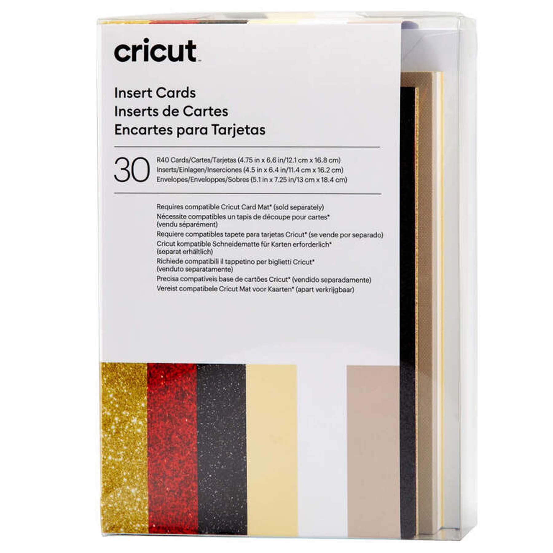 Crealive Cricut Einlegekarten R40 - 30 Stück - Glitz & Glam Inhalt: 30 Karten im Format 4.75" x 6.6" (12.1 cm x 16.8 cm) (zusammengeklappt) - Kartenfarben: 10 x Taupe, 10 x Weiss und 10 x Creme 30 Einlagen im Format 4.5" x 6.4" (11.4 cm x 16.2 cm) - Einlagefarben: 10 x Glitzer Schwarz, 10 x Glitzer Rot und 10 x Glitzer Gold 30 Umschläge in 5.1" x 7.25" (13 cm x 18.4 cm) - Farbe: Weiss Cricut Einlegekarten sind geeignet für: Karten Einladungen