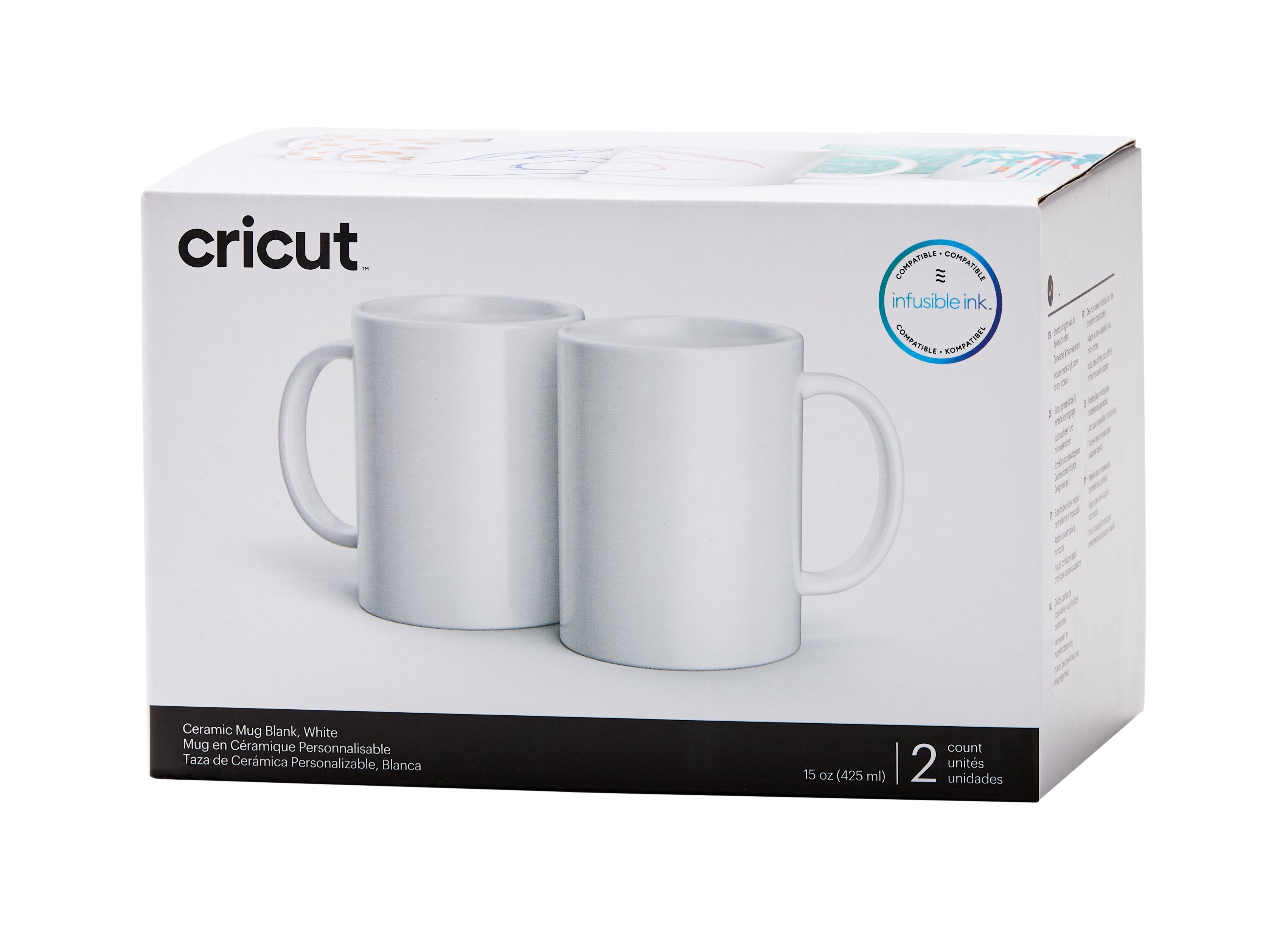 Cricut Keramiktasse 440 ml weiss, 2 Stück (VORBESTELLUNG! Lieferung ab ca. 01.10.2021) Gestalte lebendige, professionelle & personalisierte Tassen. Im Design Space erstellst Du mit Hilfe der kostenlosen Tassen-Vorlage Dein Design, so dass Du es korrekt platzieren kannst auf der Tasse. Danach lässt Du den Schneideplotter Dein Design entweder aus den Infusible Ink Transferbögen schneiden oder lässt es Zeichnen mit den Infusible Ink Stiften.