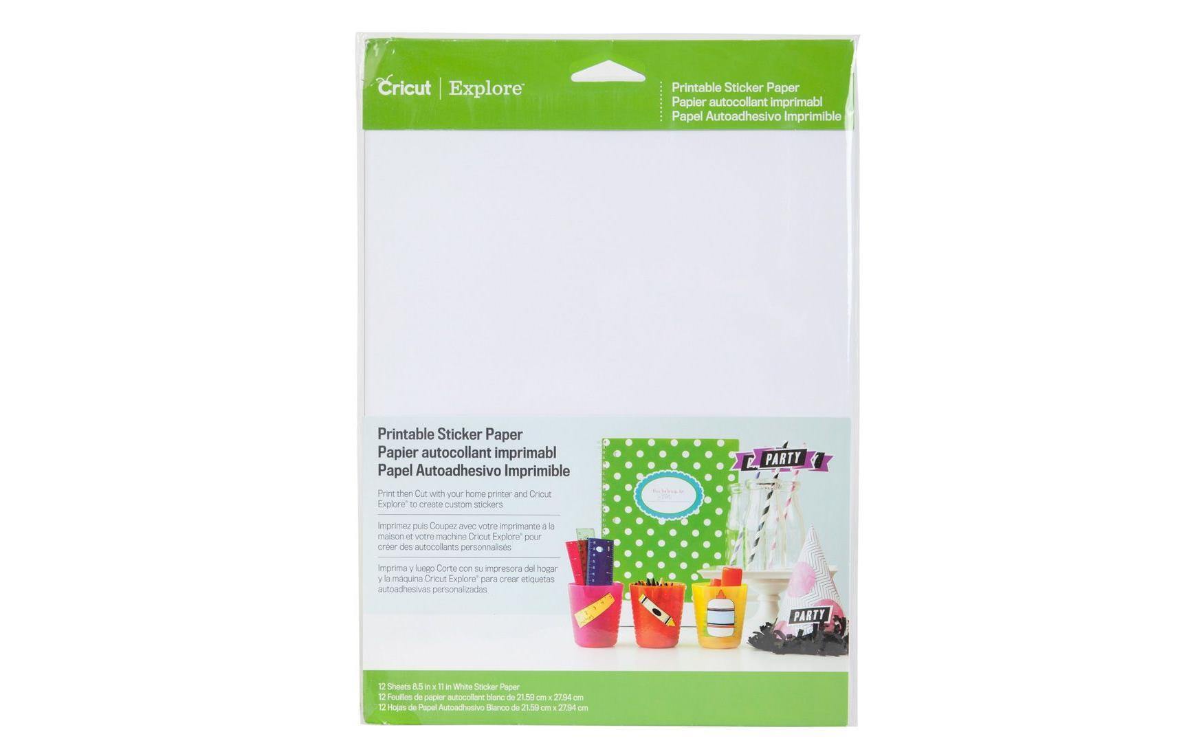 Cricut Stickerpapier bedruckbar Spezifikationen: Stickerpapier zum Bedrucken (Inkjet-Drucker empfohlen) Papierformat 21.6 cm x 27.9 cm Gewicht: 100 g/m2 Selbstklebend Farbe: Weiss