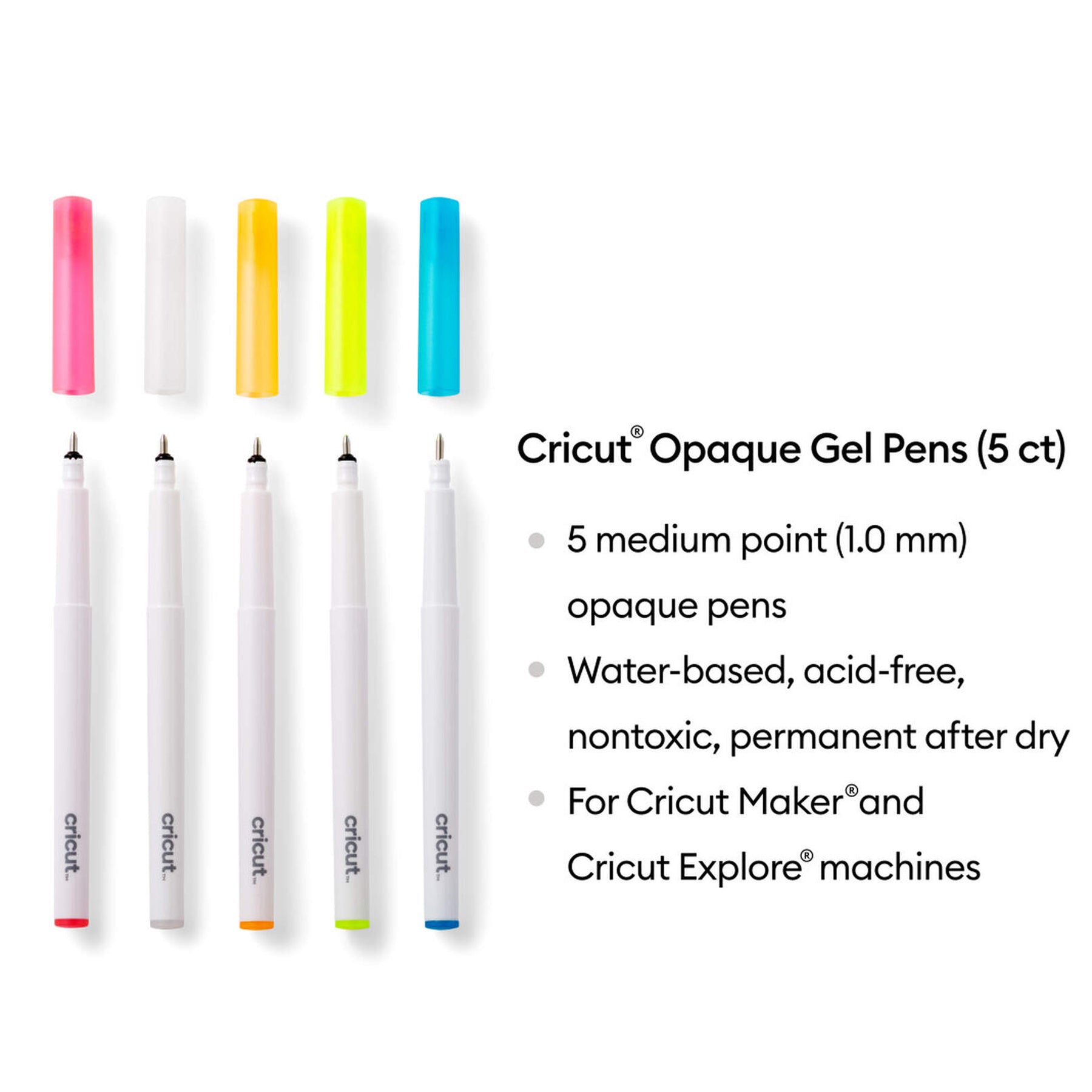 Crealive Cricut hochdeckende Gelstifte 1.0 mm - Pink, Weiss, Orange, Gelb & Blau / Opaque Gel Pens Inhalt: 5 hochdeckende Gelstifte Spezifikationen: 1.0 mm (mittelgrosse Spitze) Farben: Pink, Weiss, Orange, Gelb & Blau wasserbasiert säurefrei ungiftig nach 24 Stunden permanent entspricht ASTM D-4236 hochdeckende Tinte die auf hellen und auf dunklen Materialien sehr gut zu erkennen ist