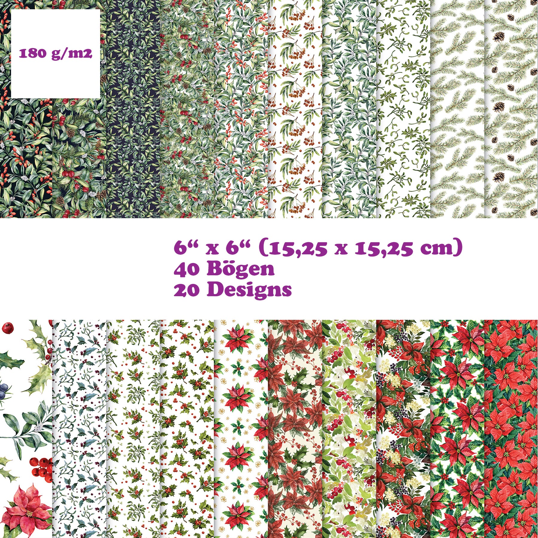 Crealive Premium Paper Pad 180 g/m2 - 6’’ x 6’’ - Festive Flora Inhalt: 40 Bogen 20 Designs beidseitig bedruckt Spezifikationen: 6’’ x 6’’ (15.25 cm x 15.25 cm) 180 g/m2 beidseitig bedruckt säure- und ligninfrei lässt sich super schneiden Dieses Paper Pad / Designpapier ist geeignet für: Karten-Verzierungen Verpackungs-Dekoration Plotten Scrapbooking