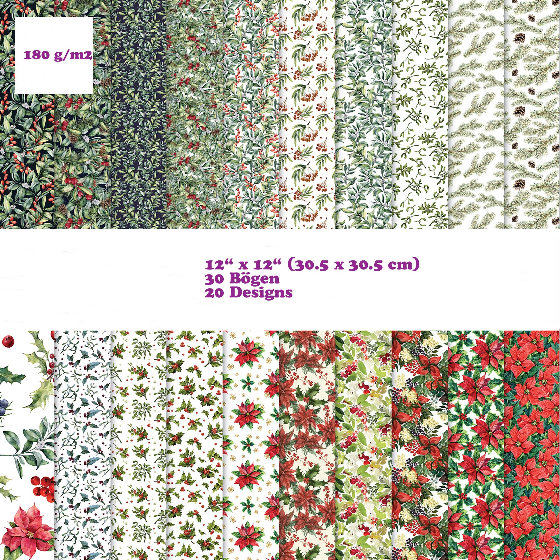 Crealive Premium Paper Pad 180 g/m2 - 12’’ x 12’’ - Festive Flora Spezifikationen: 12’’ x 12’’ (30.5 cm x 30.5 cm) 180 g/m2 beidseitig bedruckt säure- und ligninfrei 20 Designs Inhalt: 30 Bogen 20 Designs beidseitig bedruckt Dieses Paper Pad / Designpapier ist geeignet für: Karten Karten-Verzierungen Kuverts Geschenkboxen & Verpackungen Plotten Scrapbooking