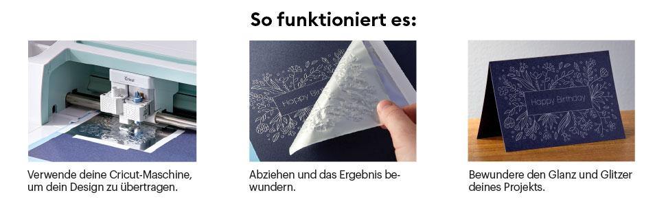 Cricut Folientransfer-Folien - Foil Transfer Sheets Die Cricut Transferfolien kannst Du mit dem Folientransferwerkzeug, welches für Cricut Maker und Cricut Explore Geräte konzipiert ist, auf verschiedene Materialien verwenden. Es gibt die Folien in tollen Farben - 4 davon in diesem Set (grün, violett & blau).