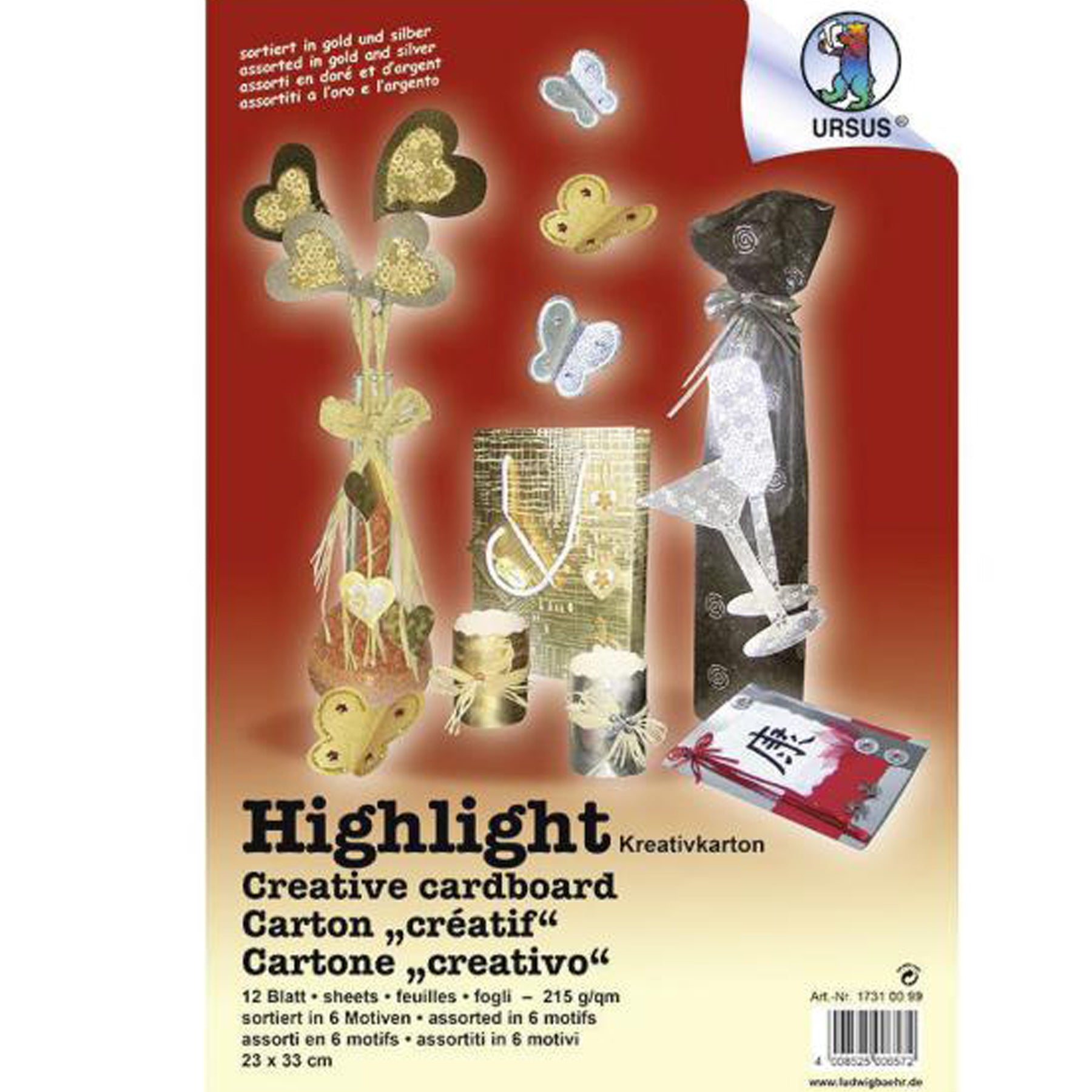 Crealive Glanzpapier 215 g/m2 - 23 x 33 cm Inhalt: 12 Bögen Spezifikationen: 23 cm x 33 cm 215 g/m2 einseitig folienveredelt und geprägt Farben: Gold und Silber 6 unterschiedliche Prägungen Dieses Effektpapier ist geeignet für: Karten Karten-Verzierungen Verpackungen Plotten Scrapbooking