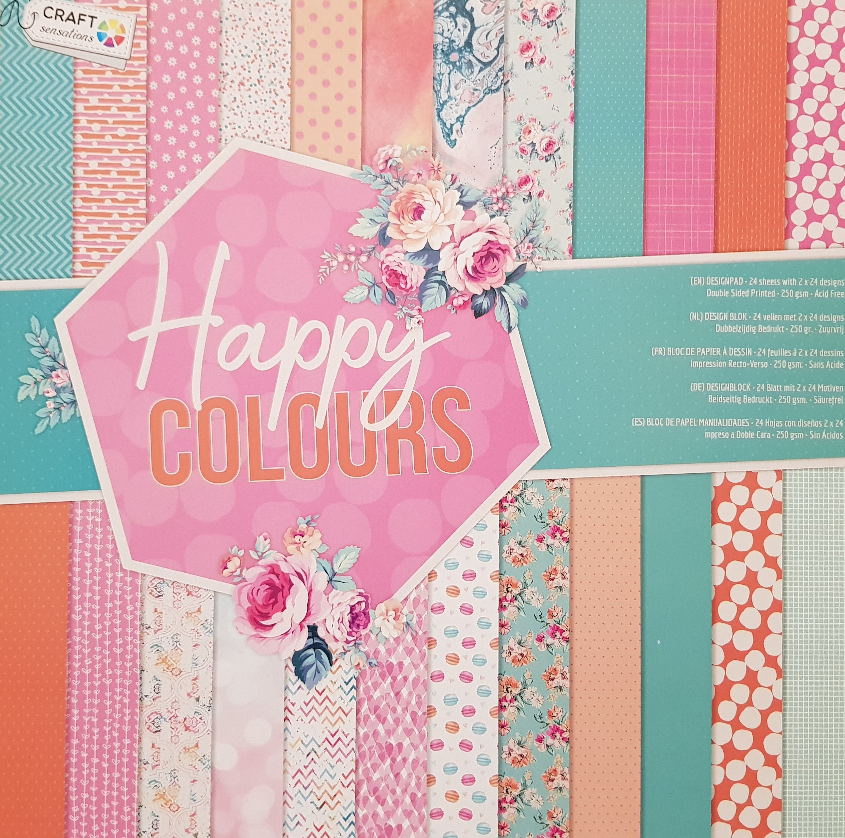 Paper Pad 250 g/m2 - 12’’ x 12’’ - Happy Colours Spezifikationen: 12’’ x 12’’ (30.5 cm x 30.5 cm) 250 g/m2 beidseitig bedruckt lässt sich gut schneiden säurefrei Inhalt: 24 Bogen 24 Designs beidseitig bedruckt Dieses Paper Pad / Designpapier ist geeignet für: Karten Karten-Verzierungen Kuverts Geschenkboxen & Verpackungen Plotten Scrapbooking