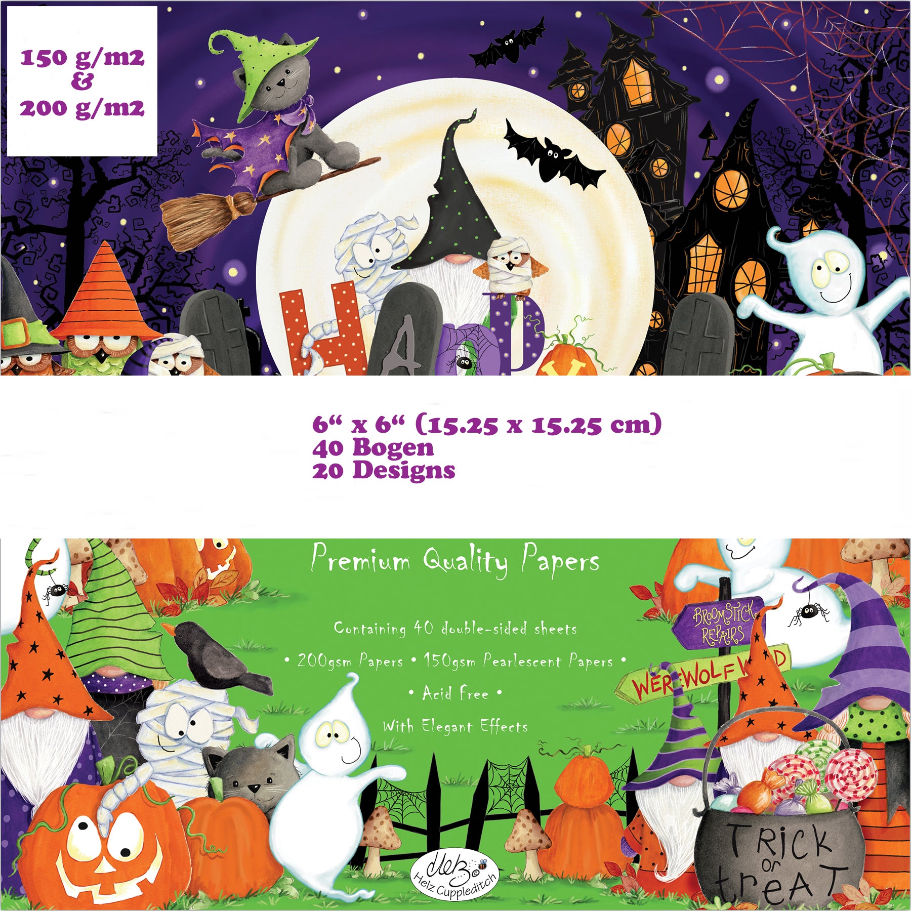 Premium Paper Pad 200 g/m2 & 150 g/m2 - 6’’ x 6’’ - Happy Haunting Inhalt: 40 Bogen 20 Designs beidseitig bedruckt Dieses Paper Pad / Designpapier ist geeignet für: Karten-Verzierungen Verpackungs-Dekoration Plotten Scrapbooking Spezifikationen: 6’’ x 6’’ 15.25 cm x 15.25 cm) 200 g/m2 150 g/m2 Perleffekt Papier beidseitig bedruckt säurefrei lässt sich gut schneiden