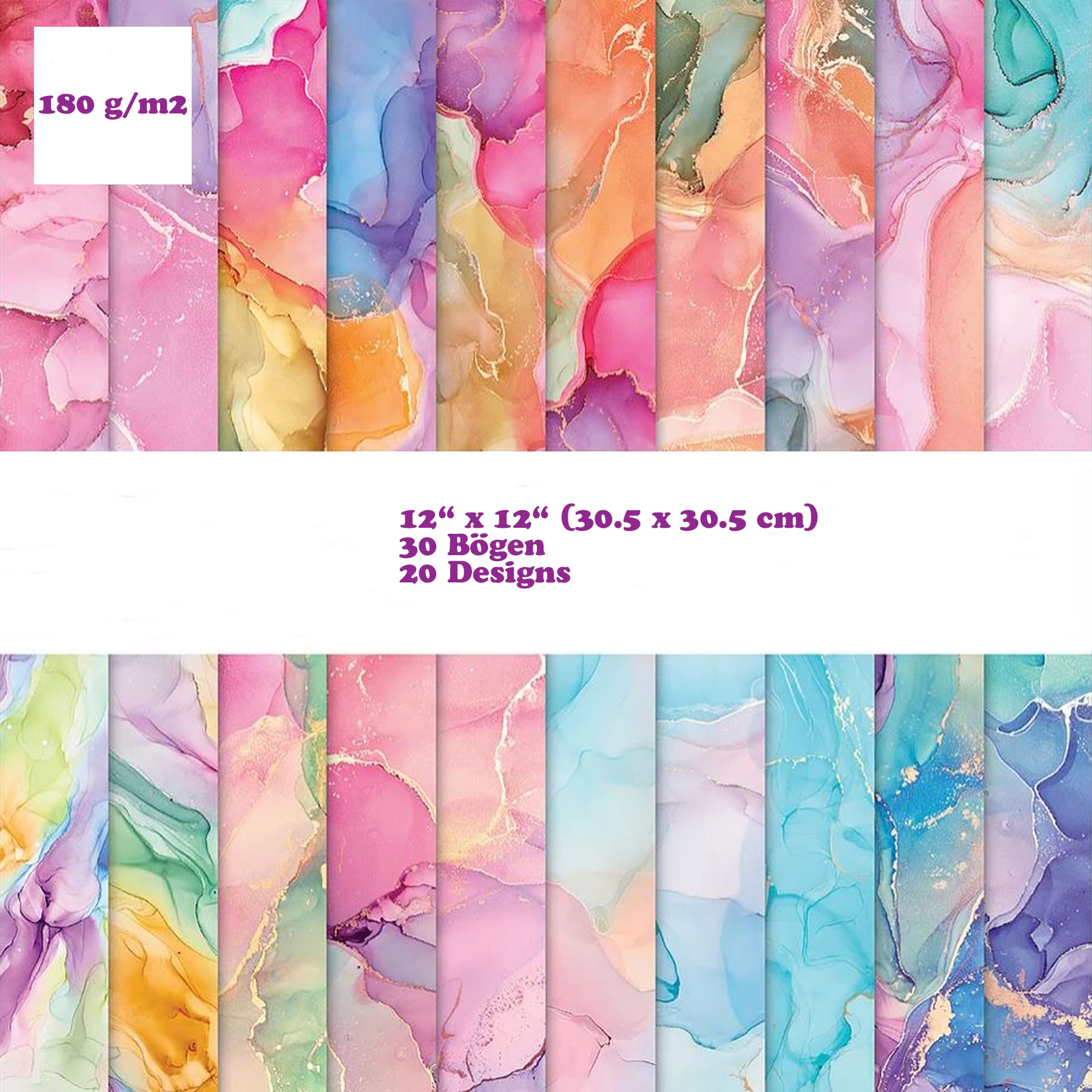 Crealive Premium Paper Pad 180 g/m2 - 12’’ x 12’’ - Ink Drops Candy Spezifikationen: 12’’ x 12’’ (30.5 cm x 30.5 cm) 180 g/m2 beidseitig bedruckt säure- und ligninfrei 20 Designs Inhalt: 30 Bogen 20 Designs beidseitig bedruckt Dieses Paper Pad / Designpapier ist geeignet für: Karten Karten-Verzierungen Kuverts Geschenkboxen & Verpackungen Plotten Scrapbooking
