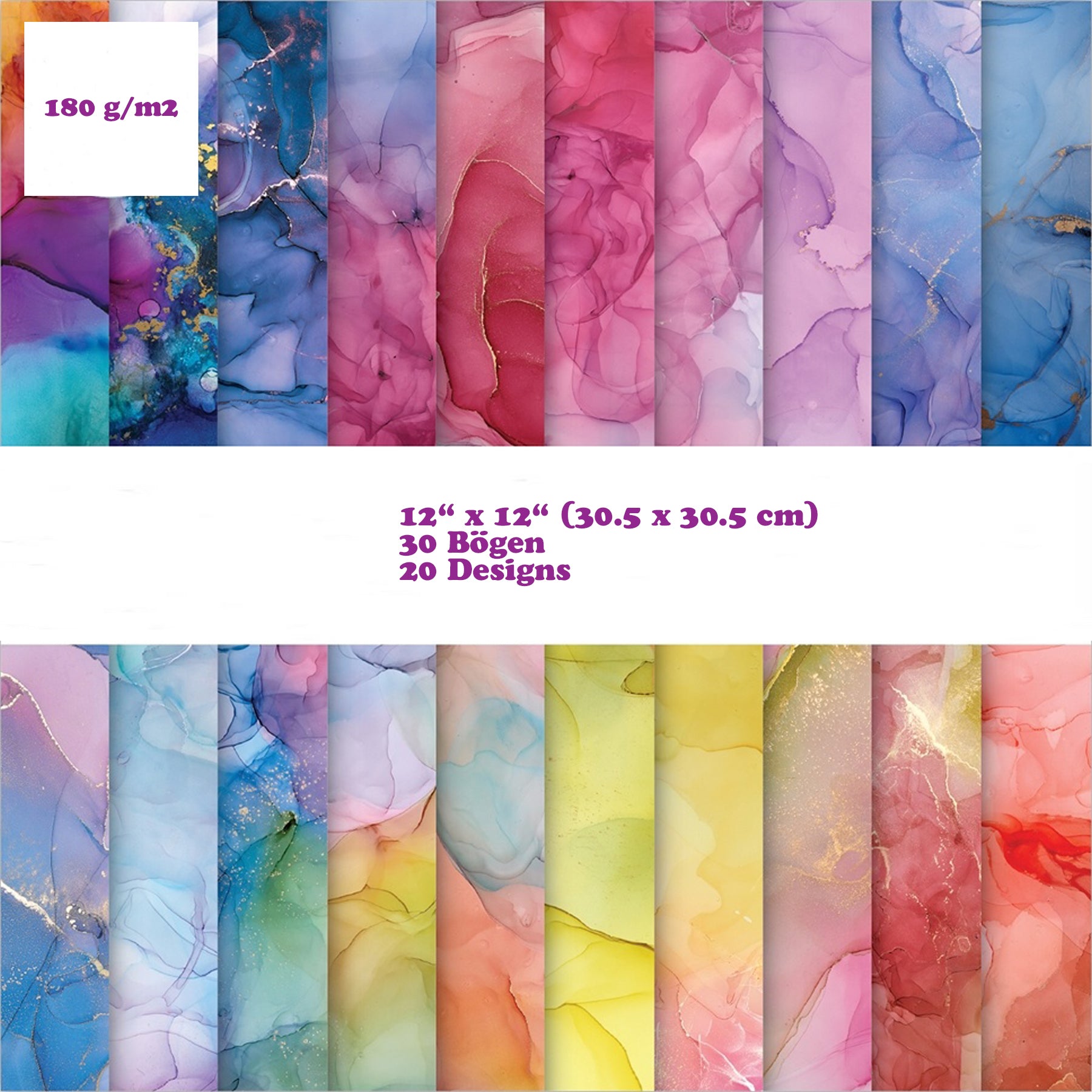 Crealive Premium Paper Pad 180 g/m2 - 12’’ x 12’’ - Ink Drops Vivid Spezifikationen: 12’’ x 12’’ (30.5 cm x 30.5 cm) 180 g/m2 beidseitig bedruckt säure- und ligninfrei 20 Designs Inhalt: 30 Bogen 20 Designs beidseitig bedruckt Dieses Paper Pad / Designpapier ist geeignet für: Karten Karten-Verzierungen Kuverts Geschenkboxen & Verpackungen Plotten Scrapbooking