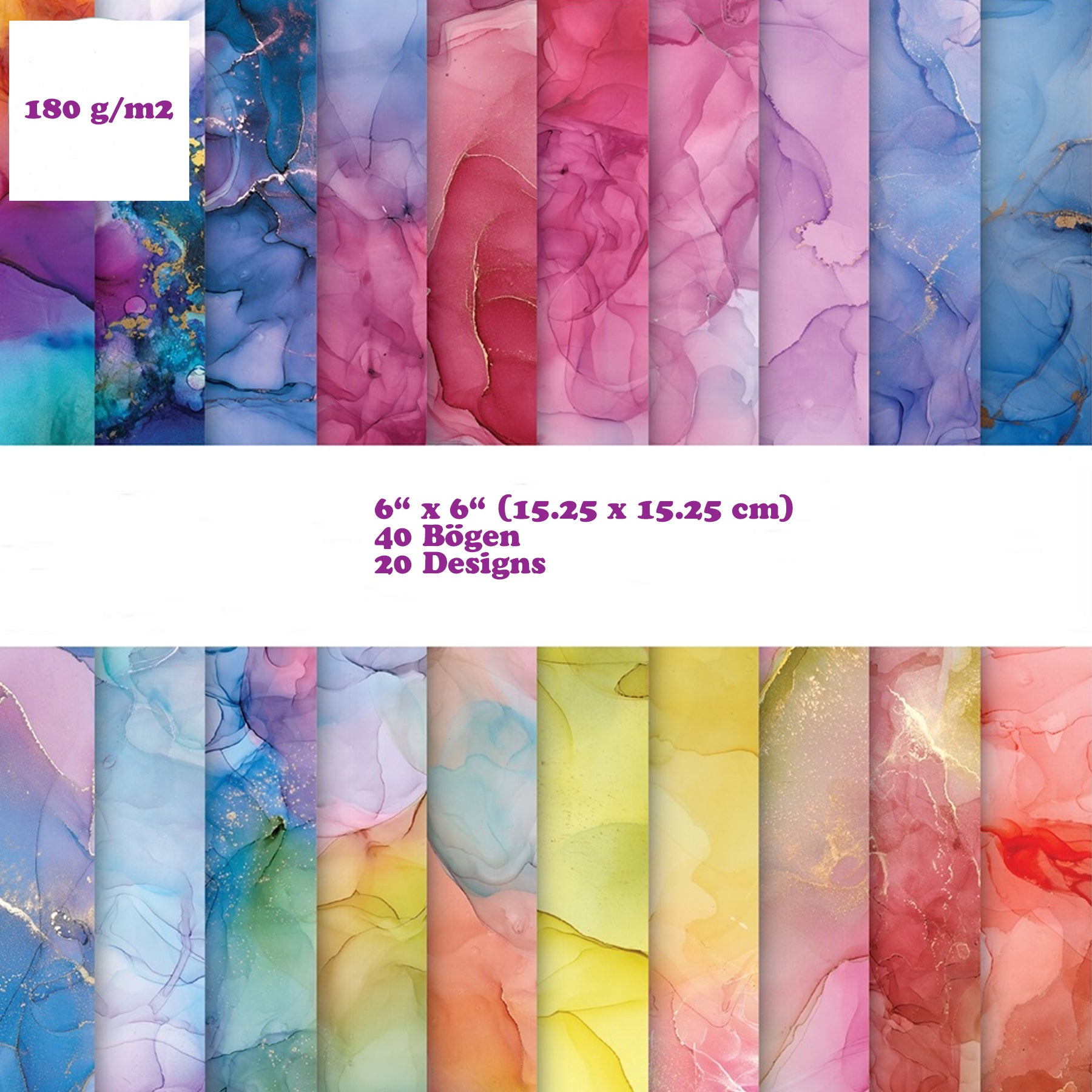 Crealive Premium Paper Pad 180 g/m2 - 6’’ x 6’’ - Ink Drops Vivid Inhalt: 40 Bogen 20 Designs beidseitig bedruckt Dieses Paper Pad / Designpapier ist geeignet für: Karten-Verzierungen Verpackungs-Dekoration Plotten Scrapbooking Spezifikationen: 6’’ x 6’’ 15.25 cm x 15.25 cm) 180 g/m2 beidseitig bedruckt säure- und ligninfrei lässt sich gut schneiden