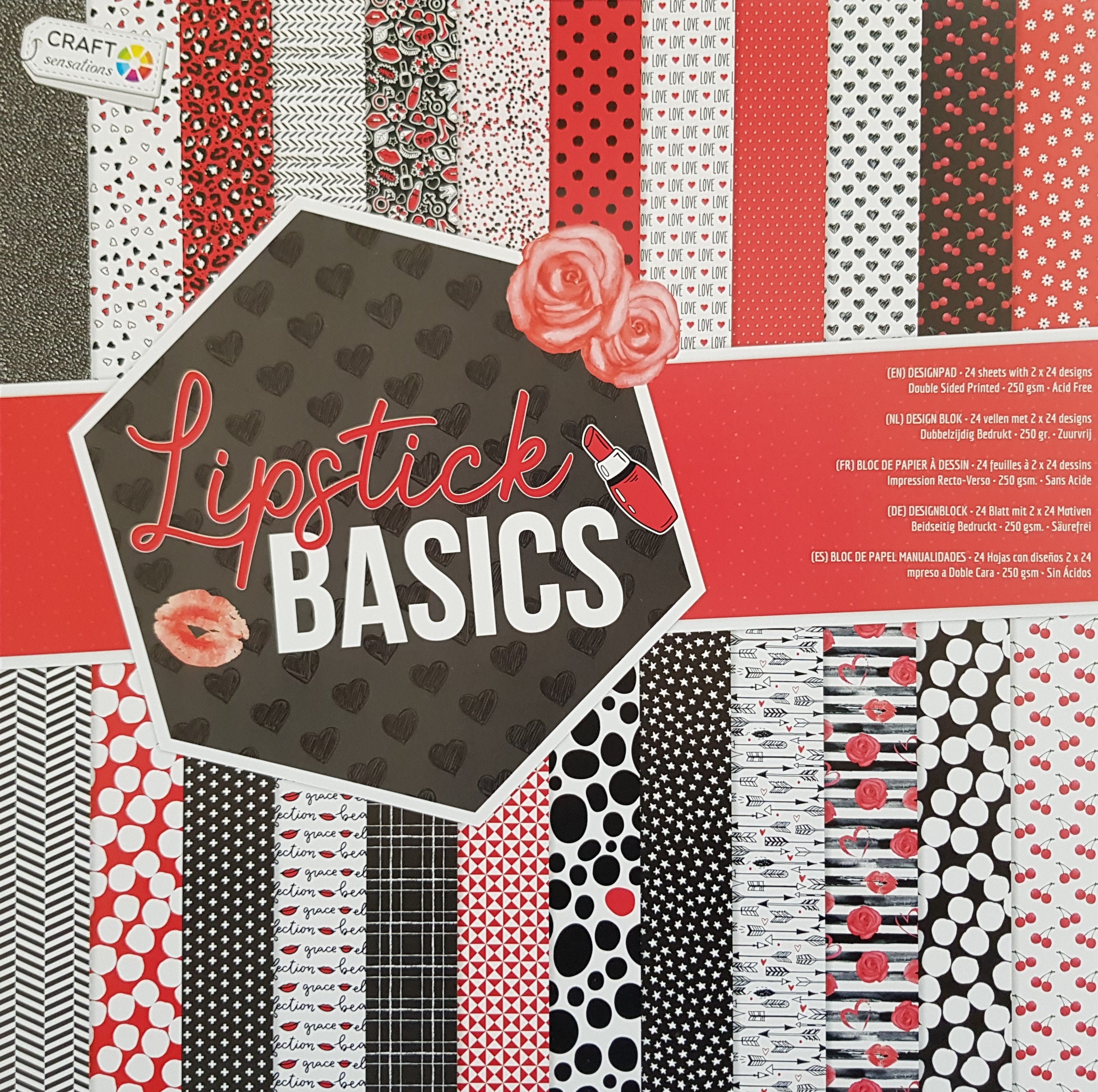 Paper Pad 250 g/m2 - 12’’ x 12’’ - Lipstick Basics Spezifikationen: 12’’ x 12’’ (30.5 cm x 30.5 cm) 250 g/m2 beidseitig bedruckt lässt sich gut schneiden säurefrei Inhalt: 24 Bogen 24 Designs beidseitig bedruckt Dieses Paper Pad / Designpapier ist geeignet für: Karten Karten-Verzierungen Kuverts Geschenkboxen & Verpackungen Plotten Scrapbooking