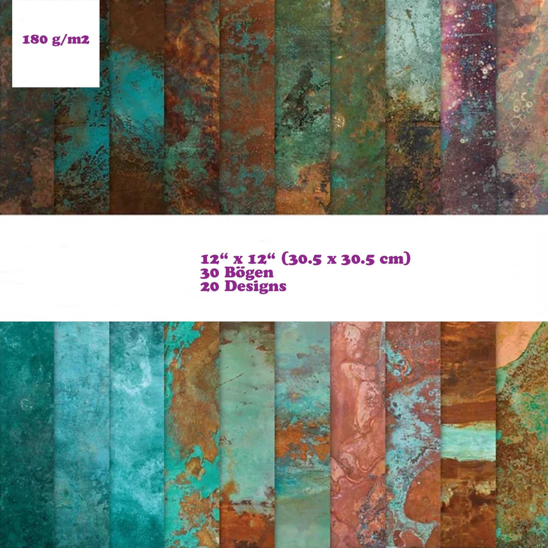 Premium Paper Pad 180 g/m2 - 12’’ x 12’’ - Patina Spezifikationen: 12’’ x 12’’ (30.5 cm x 30.5 cm) 180 g/m2 beidseitig bedruckt säure- und ligninfrei 20 Designs Inhalt: 30 Bogen 20 Designs beidseitig bedruckt Dieses Paper Pad / Designpapier ist geeignet für: Karten Karten-Verzierungen Kuverts Geschenkboxen & Verpackungen Plotten Scrapbooking