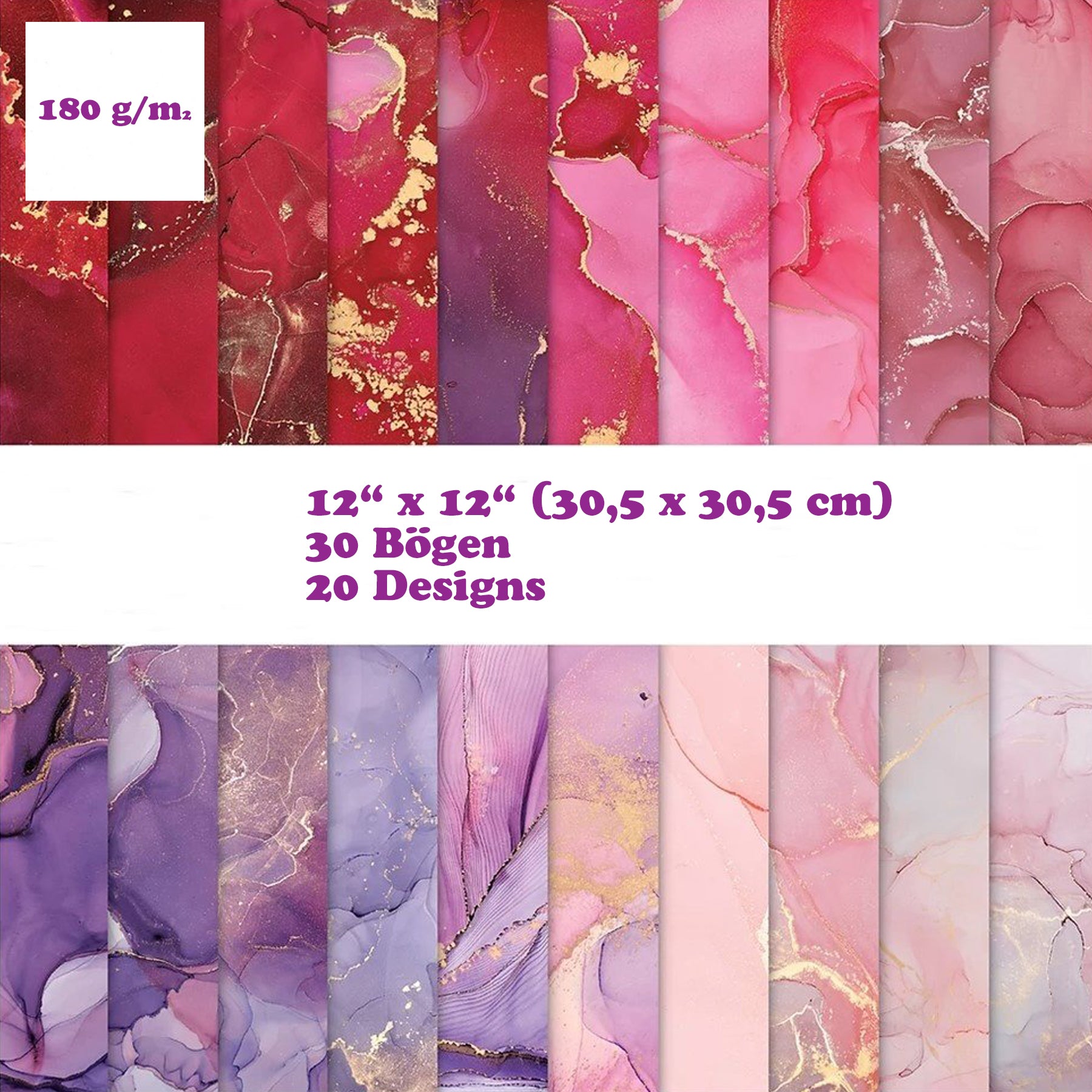 Premium Paper Pad 180 g/m2 - 12’’ x 12’’ - Ink Drops Rose Spezifikationen: 12’’ x 12’’ (30.5 cm x 30.5 cm) 180 g/m2 beidseitig bedruckt säure- und ligninfrei 20 Designs Inhalt: 30 Bogen 20 Designs beidseitig bedruckt