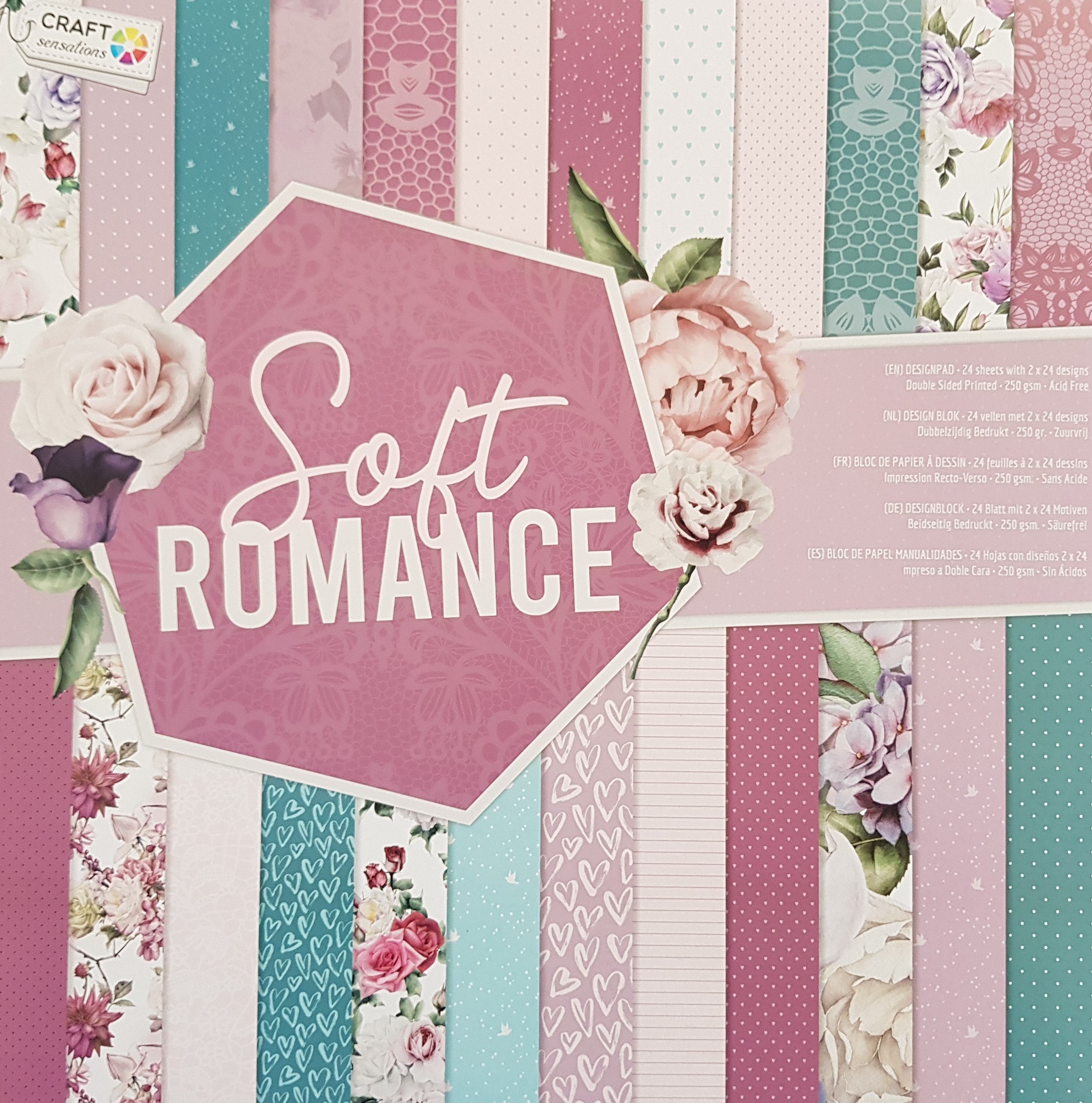 Paper Pad 250 g/m2 - 12’’ x 12’’ - Soft Romance Spezifikationen: 12’’ x 12’’ (30.5 cm x 30.5 cm) 250 g/m2 beidseitig bedruckt lässt sich gut schneiden säurefrei Inhalt: 24 Bogen 24 Designs beidseitig bedruckt Dieses Paper Pad / Designpapier ist geeignet für: Karten Karten-Verzierungen Kuverts Geschenkboxen & Verpackungen Plotten Scrapbooking
