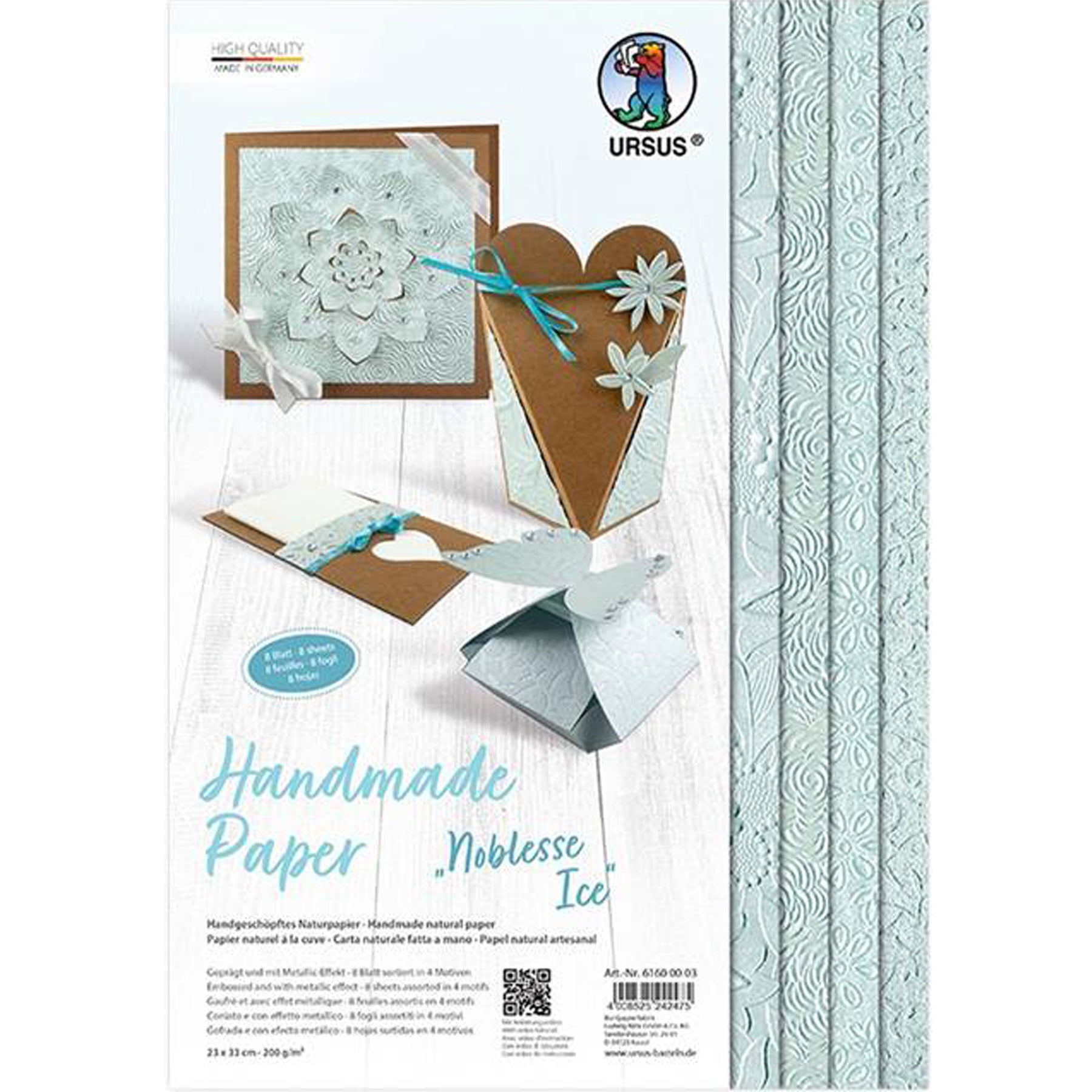 Crealive Strukturpapier handgeschöpft 200 g/m2 - 23 x 33 cm - Noblesse Ice Inhalt: 8 Bogen 4 Designs Spezifikationen: 23 x 33 cm 200 g/m2 durchgefärbt handgeschöpftes Naturpapier geprägtes Papier Metallic-Effekt Dieses Strukturpapier ist geeignet für: Karten Karten-Verzierungen Kuverts Geschenkboxen & Verpackungen Plotten Scrapbooking