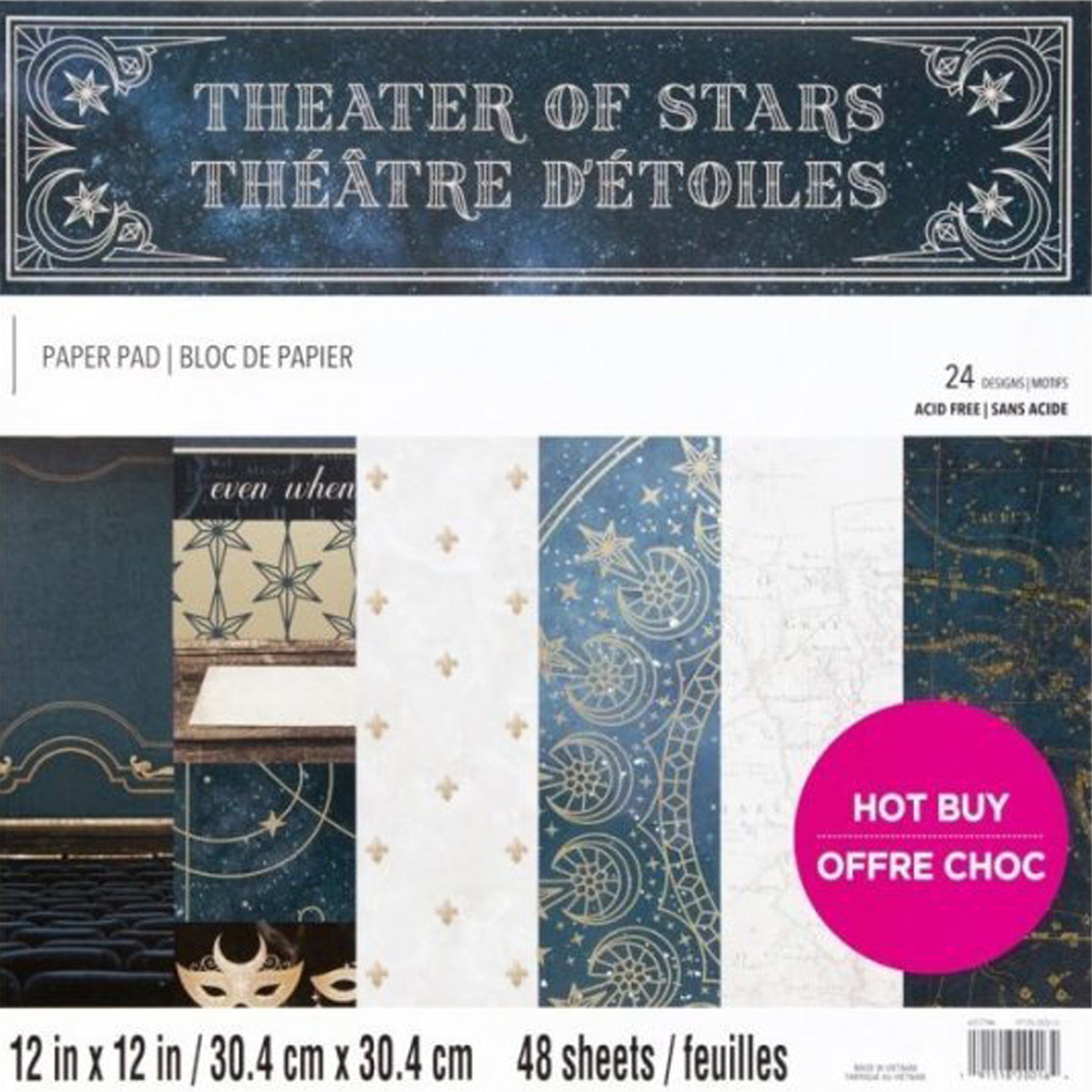 Crealive Paper Pad 180 g/m2 - 12’’ x 12’’ - Theater of Stars Inhalt: 48 Bogen 24 Designs teils mit Gold folierten Akzenten einseitig bedruckt Spezifikationen: 12’’ x 12’’ (30.5 cm x 30.5 cm) ca. 180 g/m2 einseitig bedruckt lässt sich gut schneiden Dieses Designpapier / Motivpapier ist geeignet für: Karten Karten-Verzierungen Plotten Stanzen Prägen Scrapbooking